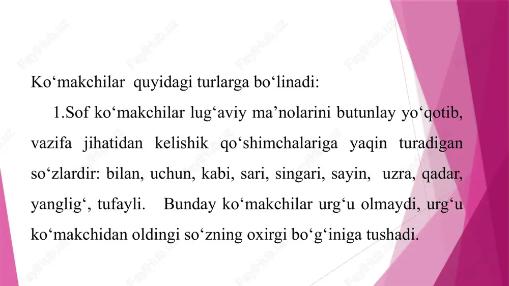 n tashqari modal ma’noni ham bildiradi, bunda u noaniqlikni ifodalaydi: uyidami, ko‘chadami, uning uchun farqi yo‘q edi. –chi so‘roqdan tashqari buyruq, do‘q, iltimos, qistash, ta’kid, uqtirish ma’nolarini ham bildiradi: qani, yur-chi! kitobingni berib tur-chi.-a, -yayuklamalari ham so‘roq va taajjubdan tashqari his-hayajonni, tasdiq va ishonchni ham bildiradi: qanday chiroyli-ya! go‘sht olibdi - jiqqa yog‘-a. 2.kuchaytiruv-ta’kid yuklamalari: nahotki, axir, hatto(ki), -ku, -da, -u(-yu), -oq(-yoq), -ki(-kim), yuklamalari kuchaytirish va ta’kid ma’nolarini anglatsa, tim(qora), liq(to‘la), lim(to‘la), g‘irt(yolg‘on), qir-(shir-, qip-yalang‘och), g‘arq(pishgan), jiqqa(ho‘l) yuklamalari nutqqa tasviriylik berib, so‘z ma’nosini kuchaytirish uchun xizmat qiladi. 3.ayiruv yuklamalari: faqat, ham, -gina (-kina, -qina), xolos. ham yuklamasi ba’zan bog‘lovchi o‘rnida ham qo‘llanadi: uni birinchi kursga qabul qilishdi ham stipendiya tayin qilishdi. bu so‘z takrorlanib kelganda, fonetik o‘zgarishga uchrashi mumkin: u yurtiniyam, xalqiniyam boqdi(o.). faqat, -gina yuklamalari o‘rnida yolg‘iz so‘zi qo‘llana oladi. bu yolg‘iz nom xolos. 4.o‘xshatish-qiyoslash yuklamalari: xuddi, naq, go‘yo(ki), misoli, bamisli: xuddi o‘zimga o‘xshaydi. 5.gumon yuklamasi - - dir: …