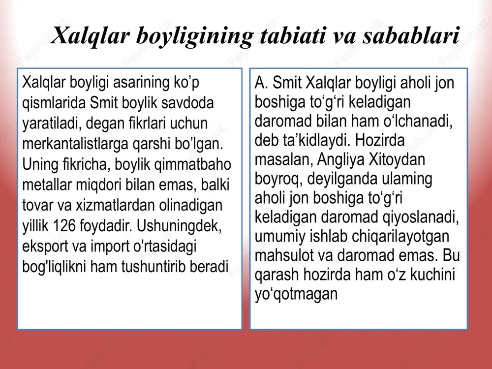 ajaga ko‘targan a.smit bo‘ldi u shunday yozadi: «har bir kishi o‘z kapitalini ko‘proq qiymat keltiradigan qilib ishlatishga harakat qiladi. odatda, u jamiyat foydasiga ta’sir ko'rsatishni nazarda tutmaydi va unga ancha ta’sir ko‘rsatayotganini sezmaydi. u faqat o‘z manfaatini nazarda tutadi, faqat o‘z foydasini ko‘zlaydi. shunday bo'lsada, bunday maqsad uning rejasiga kirmagan bo‘lsa ham, ushbu sharoitda ko'rinmas qo'l uni maqsad sari yo‘naltiradi. o‘z manfaatlarini ko‘zlagan holda, jamiyat manfaatlariga ataylab unga xizmat qilgandan ko‘ra tez-tez xizmat qilib turadi». a.smit “qiymat va bahoning shakllanishi” kapital mehnat yer renta ish haqi foyda qiymat foyda ish haqi renta qiymat mehnat 1-konsepsiya 2-konsepsiya 17 ushbu rasmda a.smitning birinchi konsepsiyasi «mehnat» so‘zi yozilgan yaxlit strelka ko‘rinishida aks ettirilgan. bu qiymatni yaratishda mehnat yagona manba ekanligini ko‘rsatdi. mehnat bilan yaratilgan daromad taqsimlanish jarayonida ish haqi, foyda va rentaga boiinadi. a.smitning ikkinchi konsepsiyasining asl ma’nosi «kapital» va «yer» so'zlari yozilgan nuqtali chiziq (punktirli) strelka yordamida ifodalangan. bu konsepsiya mahsulot va …