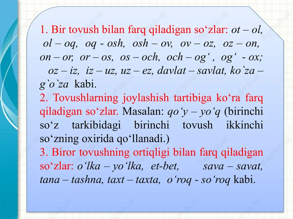 ham shuncha bo‘ladi. masalan, adolat so‘zida uch bo‘g‘in bor: a-do-lat. birinchi bo‘g‘in bir tovushdan, ikkinchi bo‘g‘in ikki tovushdan, uchinchi bo‘g‘in uch tovushdan iborat. 5. tovush nutqning bo‘g‘in (yoki so‘z) tarkibidagi eng kichik, fonetik jihatdan bo‘linmaydigan birligidir: bola so‘zi 4 ta tovushdan (b,o,l,a) iborat. so‘z bo‘g‘inlaridan birining yoki gap tarkibidagi so‘zlardan birining boshqalariga nisbatan kuchliroq yoki cho‘ziqroq talaffuz qilinishi urg‘u deb ataladi. nutq tovushlarining fonetik o’zgarishlari haqida ma’lumot har qanday tilda ham tovushlar yozuvda yozilganidek talaffuz qilinavermaydi. tovushlar kompleksini (tizimini) birga talaffuz qilish natijasida ayrim tovushlar o‘zaro bir-biriga ta’sir qiladi va bu ta’sir tovush o‘zgarishiga olib keladi. masalan, yurt so‘ziga o‘rin-payt kelishigi affiksi -da, chiqish kelishigi affiksi –dan qo‘shilganda, so‘z oxiridagi t tovushi affiksdagi d undoshiga ta’sir qilib, uni t tovushiga aylantiradi: nutq tovushlarining o‘zgarishi ikki turga bo‘linadi. i. kombinator o‘zgarishlar so‘z tarkibidagi tovushlarning bir-biriga o‘zaro ta’siri natijasida ro‘y beradigan tovush o‘zgarishi (fonetik o‘zgarish) kombinator o‘zgarish deyiladi. bunga assimilyatsiya, dissimilyatsiya, metateza …