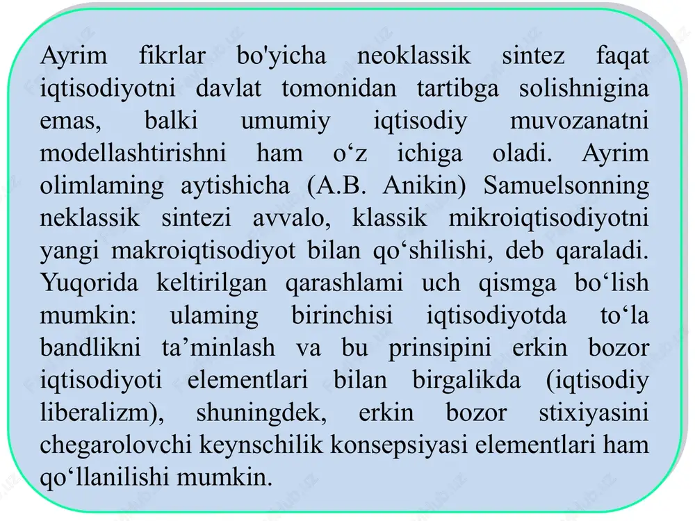 ar yoki ularning logarifmlari orasidagi bog‘lanish chiziqli bo‘ladi, ya’ni ularning grafigi to‘g‘ri chiziq bo'ladi. shunday tenglamalar yo‘li bilan talab (narxlar, mahsulot hajmi, daromad, soliq va boshqalar), taklif, chiqimlar, importeksport va boshqa funksiyalami ifodalash mumkin. ishlab chiqarish funksiyalari ham shu tipdagi tenglamalar guruhiga kiradi. birinchi, eng oddiy ishlab chiqarish funksiyasi ch.kobb va p.duglas (aqsh, 1928) tomonidan tuzildi, keyin r.solou, k.arrou (aqsh)lar tomonidan umumlashtirildi, unda ishlab chiqarish ko‘lami, texnika taraqqiyoti va boshqa omillar ham hisobga olindi ekonometrik modellashtirish yaponiya, fransiya, niderlandiya va norvegiyada keng qo‘llaniladi va iqtisodiy prognozlashtirishda bevosita 286 foydalaniladi. iqtisodiy tahlilning tarmoqlararo balans metodini tuzish 30-yillarda amerikalik iqtisodchi (asli rossiyalik) v.leontevning tadqiqotlari asosida yuzaga keldi va bu tadqiqotlar «xarajat - chiqarish» modeli nomi bilan ma’lum. 1973-yilda nobel mukofoti laureati bo‘lgan v.leontev (1906-1999) metodi iqtisodiyotda bir mahsulotning boshqa turdagi mahsulot bilan to‘ldirilishi jarayonlarini tadqiq qilishga yo‘naltirilgan. u 1941-yil «1919-29-yillarda «amerika iqtisodiyotining strukturasi» kitobini nashr qildi va unda o‘z uslubini taklif etdi. …