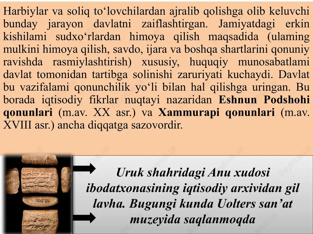 yuritishda ustun qo‘yadi. konfutsiy aqliy mehnat bilan jismoniy mehnat farqini ko‘rsatib, aqliy mehnat bilan «yuqori» tabaqali kishilar, jismoniy mehnat bilan esa, asosiy qismi qullardan iborat bo'lgan «oddiy» kishilar shug‘ullanadi, deb qayd qilib o‘tadi. «guan-tszi» xitoyda miloddan oldingi iy-iii asrlarda xitoylik mualliflar birgalikda yozgan asar «guan-tszi» g‘oyalari keng tarqalgan. bu asarda ilgari surilgan ba’zi masalalar, garchi ular ziddiyatli bo‘lsada, bugungi kunda ham diqqatga sazovor. masalan, asarda oltin, marvarid alohida boylik sifatida ko‘rilmaydi; bunday boylik deb eng awalo, moddiy ne’matlar (tovar) e’tirof etiladi. asarda ko‘rsatilishicha, bir tomondan, «oltin davlat resurslarini hisoblash o‘lchovi hisoblanadi», ikkinchi tomondan, u «xalq ommasi uchun muomala vositasi bo‘lib xizmat qiladi». guan szining bozorni tushunishi quyidagi siyosiy anglashga olib keldi: albatta, odamlar foyda ko‘rsalar uning ketidan qolmaslikka, zarar ko‘rsalar undan qochishdan o‘zlarini to‘xtata olmaydilar. savdogar savdo bilan shug‘ullansa, u bir kunda odatdagi masofadan ikki marta uzoqroq masofani bosib o‘tadi, chunki oldinda uni foyda kutmoqda. baliqchilar dengizga chiqsalar dengiz o‘n …