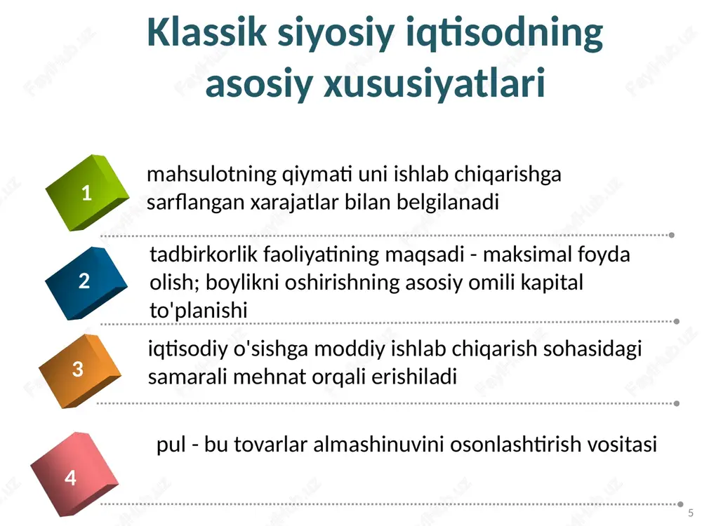 ot (hozir uni milliy daromad deb atashadi) to’g’risidagi ta’limoti muhim o’rin egallaydi. uning fikriga ko’ra, sof mahsulotning manbai yer va unga sarflangan qishloq xo’jaligi ishlab chiqarishida band bo’lgan kishilarning mehnati hisoblanadi. demak, boylikning (sof mahsulot) ko’payishi qishloq xo’jaligi ishlab chiqarishi bilan bog’liq bo’lgan «yer in’omidir». shu bois, davlat sanoatni emas, balki qishloq xo’jaligini rag’batlantirish to’g’risida g’amxo’rlik qilishi kerak. f.kene: «dehqonlar kambag’al bo’lsa, qirollik kambag’al bo’ladi, qirollik kambag’al bo’lsa qirol kambag’al bo’ladi», deb hukumatni ishontirishga harakat qilgan. savdo va sanoat boylik yaratmaydi, negaki savdogar va hunarmandlar qishloq xo’jaligida yaratilgan boylikni faqat bir joydan ikkinchi bir joyga etkazish va o’zgartirish bilan shug’ullanadi. shuning uchun savdo va sanoat «unumsiz» hisoblanadi. u yerdagi tovarning o’sgan qiymati faqatgina savdo va sanoat xarajatlarini qoplash vositalarini o’z ichiga oladi, sof mahsulot esa bunda ko’paymaydi. boylik yaratilishini fiziokratlar sanoatning “unumsizligi f. kene sanoatning “unumdor” kapital nazariyasi. iqtisodiy fikrlar tarixida kapital to’g’risidagi birinchi chuqur nazariy tushunchani f.kene ilgari surdi. …