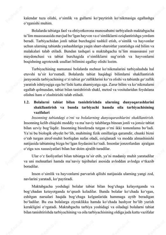 aydlik, ma’lum bir maqsadga yo‘naltirilgan, iste’molchilik, ehtiyotkorona, faol-ijodiy)ni; tabiat zahiralaridan foydalanish maqsad va usullarini baholash zarurati paydo bo‘lgandagina yuzaga keladi. bunday baholashga zarurat tabiiy omilning inson va jamiyat uchun ham muhim insoniy qadriyat ekanligidan hosil bo‘ladi. jamiyat a’zolarining farovonligi va huzur-halovati atrof-muhit holatiga bevosita bog‘liq. maktabgacha ta’lim tashkilotlari tarbiyachilaridan bolalarni tabiat bilan tanishtirish ushun tabiat haqidagi turli fan sohalaridagi katta bilim zahiralariga ega bo‘lishlari, ularning rivojlanish qonuniyatlarini tushunishlari, aql sohasi(noosfera)ning imkoniyatlarini to‘g‘ri baholay olishlari, tabiatda yuz beradigan predmet-hodisalar orasidagi aloqadorliklarni izohlay olishlari talab etiladi. ayniqsa, o‘zi yashab turgan joy tabiati: fasl almashinuvlarini kuzata olishi, kalendar tuza olishi, o‘simlik va gullarni ko‘paytirish ko‘nikmasiga egallashga o‘rganishi muhim. bolalarda tabiatga faol va ehtiyotkorona munosabatni tarbiyalash maktabgacha ta’lim muassasasida mavjud bo‘lgan hayvon va o‘simliklarni oziqlantirishga yordam beradi. tarbiyachidan jonli tabiat burchagini tashkil etish, o‘simlik va hayvonlar uchun ularning tabiatda yashashlariga yaqin shart-sharoitlar yaratishga oid bilim va malakalari talab etiladi. bundan tashqari u maktabgacha ta’lim …