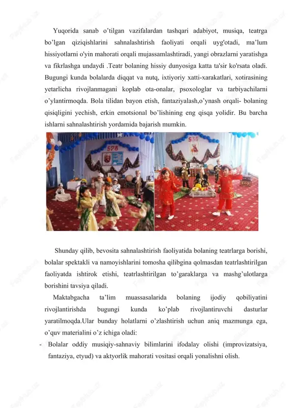 ’lishga majbur, yani aktyorlik mahoratini egallagan bo’lishi va rejisyorlik malakalariga ega bo’lishi shart. aynan shu mahoratlar ijodiy potensialni oshiradi va bolalarning teatrlashtirilgan faoliyatini o’zlashtirishga yordam beradi. mashg’ulotlar jarayonida tarbiyachi bolalarga hech qaysi holatda, hech qanday bosim, taqqoslash, baho berish, maxkumlikni qo'llashi mumkin emas. aksincha, bolalarga gapirish, ichki faoliyatni ko'rsata olish imkoniyatini yaratib berish kerak. pedagog o’zining aktyorlik va erkinlik mahorati bilan tortinchoq bolani sahnaga chiqishdan tomoshabinga aylantirib qo’ymasligini nazorat qilishi shart. tarbiyachi bolani “sahnaga” va ijro jarayonida xato qilishdan, qo’rqib chiqishdan, qo’rqishiga yo’l qoymasligi kerak. bolalar jamoasi “artist” va “tomoshabinlar”ga bo’linadi, ammo doimiy sahnada ijro etuvchi, doimiy tomoshabinlarga tomosha ko’rsatuvchi bo’lishi mumkin emas, yani bolalar rollari bilan xam almashib turishlari kerak. teatr faoliyatidagi mashg'ulotlar hayotdan olingan mavzularni mustaqil improvizatsiya qilishi, ertaklar, sahna ko’rinishlari va tasvirlar uchun rol o'ynashini o'z ichiga olishi mumkin. sahnalashtirish faoliyati ikki yonalishda tashkil etiladi: 1. bolalar ijodiy mashqlarni bajarish jarayonida aktyorlik asoslarini egallaydilar; 2.bolalar xar xil …