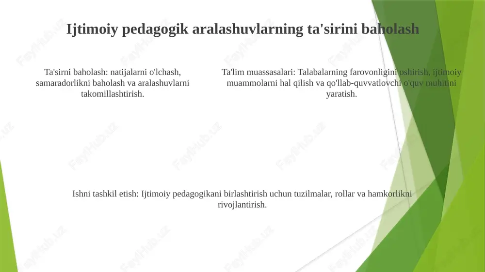 , kuchli tomonlar va ijtimoiy munosabatlarga urg'u beradi. hamkorlikdagi sherikliklar: bolalarning rivojlanishi va farovonligini qo'llab-quvvatlash uchun o'qituvchilar, oilalar va jamoat tashkilotlari o'rtasida mustahkam munosabatlarni shakllantirish. ta'lim muassasalarida ijtimoiy pedagogik ishni tashkil qilish: ijtimoiy pedagogik tamoyillarni kundalik tartibga, o'quv dasturiga va o'zaro munosabatlarga birlashtirgan tuzilgan muhit yaratish. e'tiboringiz uchun rahmat