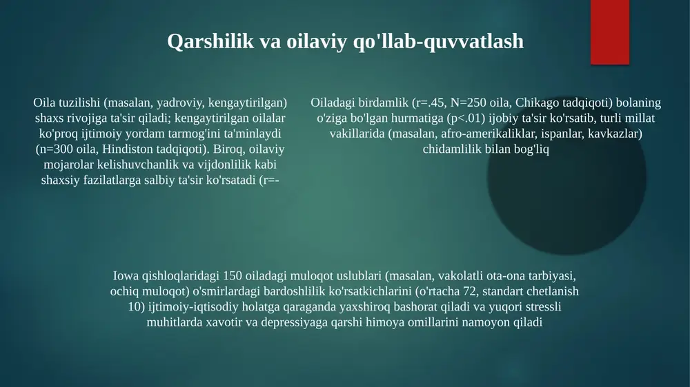yasi uslubi bilan o'zaro ta'sirda shaxsni shakllantiradi. qiyin temperament (asabiylashish, hissiy zo'riqish) hatto eng javobgar ota-onalarni ham qiynashi mumkin, agar ota-onalar strategiyasini o'zgartirmasa, xavfsiz bog'lanishga olib kelmasligi mumkin erta bolalik davrida (0-5 yosh) oilaviy munosabatlar (masalan, ota-onalarning mehr-muhabbati, nizolar darajasi, aka-uka va opa-singillar o'rtasidagi munosabatlar) shaxsiyat rivojlanishiga sezilarli ta'sir ko'rsatadi kengaytirilgan oila ta'siri london yoki nyu-york shaharlaridagi oilalardagi epigenetik markerlar (masalan, ijtimoiy-iqtisodiy ahvol, travma, ota-onalarning stress darajasi) gen ekspressiyasini o'zgartirib, muhim rivojlanish bosqichlarida (0-5, 10-15 yosh) shaxsiyat xususiyatlariga (masalan, tashvish, bardoshlilik) ta'sir qiladi va keyingi 3 avlodga transgeneratsion ta'sir ko'rsatadi. oilaviy munosabatlar (masalan, aka-uka munosabatlari, ota-ona tarbiya uslublari – avtoritar, avtoritar bo'lmagan, erkin, beparvo), 3 avloddan ortiq oilalarda shaxsiyat xususiyatlariga (masalan, nevrotizm, ekstraversiya, mehr-oqibatlilik) g'arb (aqsh, kanada) va sharq (yaponiya, xitoy) madaniyatlarida ta'sir ko'rsatadi madaniyatning shaxsga ta'siri erta bolalikdagi oilaviy tajribalar (masalan, aka-uka-opa munosabatlari, yevropa va afrika mamlakatlaridagi ota-ona tarbiyasi uslublari) kelajakdagi shaxsiyat xususiyatlarini aniqlaydi oila orqali o'tadigan madaniy qadriyatlar …