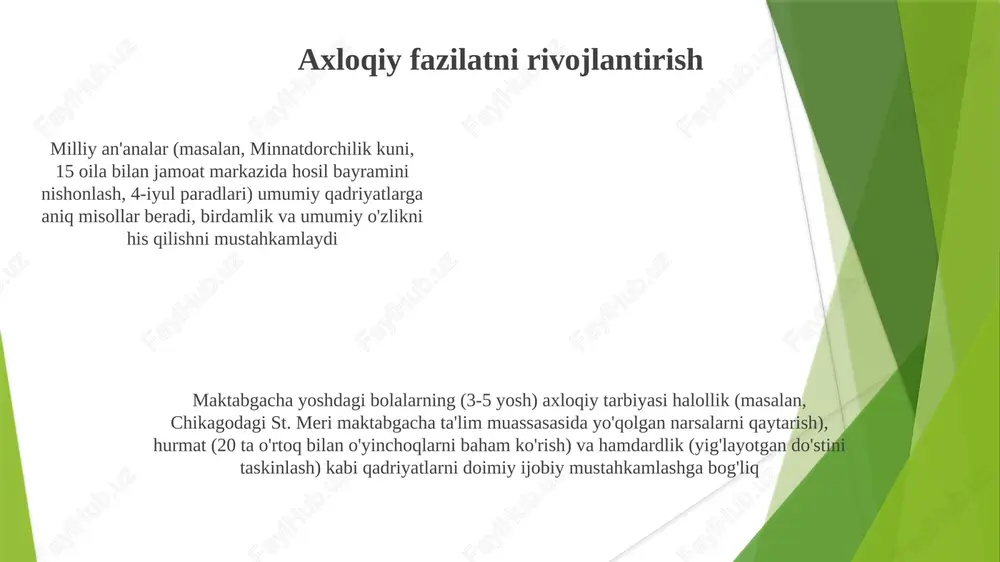 ritm va melodiya mashqlari (3-5 yosh) ijodkorlikni, madaniy tushunchani (masalan, irlandiya xalq qo'shiqlari, yaponiyaning taiko baraban chalish san'ati) rivojlantiradi, milliy g'ururni oshiradi. 25% dastur: qo'shiq aytish, cholg'u asboblarini o'rganish (ksilofonga, doiraga). badiiy ifoda: mahalliy loy ishlatib rasm chizish, haykal yasash, hikoya aytish, milliy ertaklar asosida improvizatsiya va qo'g'irchoq teatri orqali tasavvur, muloqot ko'nikmalari (35% o'quv dasturi) rivojlantiriladi va milliy g'urur mustahkamlanadi (masalan, asarlarda milliy ranglardan foydalanish). raqs: an'anaviy raqslar (masalan, balet, salsa, polka) muvofiqlashtirishni, o'zini ifodalashni rivojlantiradi (kuniga 20 daqiqa). turli xil uslublar (hindistonning bharatanatyam, ispaniyaning flamenko) bilan tanishish jahon/milliy merosga hurmatni singdiradi (dars jadvalining 40%). hikoya aytish va madaniy meros maktabgacha yoshdagi bolalar uchun ertaklar (3-5 yosh): xalq ertaklari, turli mintaqalardan (masalan, afrika, osiyo) 200 dan ortiq an'anaviy she'rlar, mehr-oqibat va milliy g'ururni tarbiyalash. qadriyatlar: hurmat, hamkorlik (5 ta asosiy element). an'anaviy o'yinlar (15-20 misol): ijtimoiy ko'nikmalarni, jismoniy rivojlanishni yaxshilaydi. milliy an'analar (masalan, hindistonning rangoli, yaponiyaning origami). qadriyatlar: intizom, …
