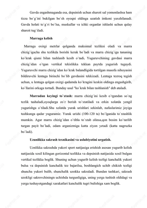 kterini tugri ifodalaydi. chunki uchish payti oyoklar tugrilanmaydi va kir-biriga karama-karshi xarakat kilmaydi. bunday sakrashda oyoklar yurishdagiga uxshagan, lekin ancha keng xarakat kilib 2,5 yoki 3,5 odimlanadi. shuning uchun bunday sakrashni «xavoda yugurib sakrash» deb ataydilar. 2.2 o‘quvchilarning jismoniy tayyorgarligini oshirishda to‘garak mashg‘ulotlarining o‘rni mamlakatimizning turli hududlarida jahon andozalariga mos muhtasham sportinshootlari barpo etilayotgani, o‘quvchi va talaba-yoshlar o‘rtasida uch bosqichdan ibo- rat «umid nihollari», «barkamol avlod» va «universiada» sport o‘yinlarining tizimli tashkil etib borilayotgani o‘z samarasini bera boshladi ‒ o‘zbekiston vakil- larining olimpiya o‘yinlari, jahon chempionatlari, osiyo o‘yinlari hamda halqaro musobaqalarda qo‘llari baland kela boshladi. prezidentimiz sh.mirziyoevning 2018 yil 29 dekabrda oliy majlisga muroja- atnomasida: «sportni jadal rivojlantirish, xalqaro musobaqalarda yuksak natija- larga erishgan sportchilarni rag‘batlantirish va qo‘llab-quvvatlashga bundan buyon ham katta ahamiyat beramiz. yosh avlodimiz o‘rtasida sportni ommalashtirish maqsadida engchekka tumanlarda bolalar va o‘smirlar sport maktablarini tashkil etamiz», ‒ deyaalohida to‘xtalishlari bu boradagi islohotlarning yanadajadal rivojlanishiga turtki bo‘ldi. bugungi …