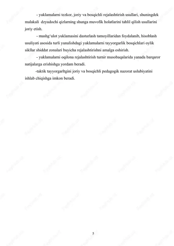 jismoniy imkoniyatlariga oid standartlar ishlab chikilgan. ushbu standartlar sportchilarni mashg‘ulotlarga moslashish imkoniyatini baholashda qo‘llanishi mumkin. malakali dzyudochi texnik harakatlarini bajarishda ishtirok etadigan mushaklarni rivojlantiruvchi doiraviy tartibda qo‘llaniladigan maxsus mashklar moxiyati yoritilgan dzyudochi musobaka sharoitiga moslashtiruvchi yangi xarakat dasturiga xos mashklar majmuasi yaratildi. mashg‘ulot yuklamalarini rejalashtirish va nazorat kilish muammolari yukori natijalar dzyudo sportida shu soxa mutaxassislari olim-pedagogiklarning, shuningdek yetakchi amalyotchi murabbiylarining diqqat markazida turadi. hozirgi paytda eng muxim uslubiy tamoyillar qatoriga shu bilan birga kuyidagilar kiradi. - tayyorgarlik tizimining dinamikaligi. u moslashuvchan rejalashtirish, sport mahoratining rivojlanish yunalishi koidalarining o‘zgarishi xalqaro kalendar va xokozalarni muntazam o‘rganish hamda hisobga olish asosida dasturlarga tezda tuzatishlar kiritishni belgilab beradi. - yillik siklda tayyorgarlik bosqichiga bog‘liq holda vositalar, uslublar va yuklamalarni oqilona taqsimlash. - mashg‘ulot va musobaka jaroyonlarini muxim darajada individuallashtirish, shu sababdan turli xil muqobil yondashishlarni rag‘batlantirish. ammo mashg‘ulot yuklamalarini rejalashtirish va nazorat qilish dasturi jiddiy qayta ishlanishga muxtojdir. bu yerda xalqaro kalendari mfning …