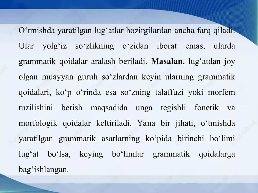 sosiy birligi sifatida faqat so‘z emas, balki frazeologik birliklar ham olinib, ulardan nutq faoliyatida foydalanish usullari haqida atroflicha ma’lumotlar beriladi. alloma umrining oxirgi yillarida makka shahrida “al-kashshof” asarini yaratadi. ushbu asar qur’oni karim tafsiriga bag‘ishlanganligi bilan alohida qadrlanadi. asarda qur’ondagi matnlarga-tushunilishi qiyin bo‘lgan so‘z va jumlalarga mukammal izoh beriladi, ular sharhlanadi, tushuntiriladi. mahmud zamaxshariy butun islom ma’naviyati va madaniyatida muhim ahamiyatga ega bo‘lgan «navobig‘ ul-kalim» («nozik iboralar») asarini ham yaratdi. manbada, asosan, hikmatlar-aforizmlar qayd etilgan bo‘lib, ular g‘oyaviy va badiiy jihatdan mukammalligi bilan ajralib turadi. ushbu asar matnlari insonni imon-e’tiqodga, poklikka, ezgulikka, ilmli bo‘lishga, yaxshilikka, halollikka-ma’naviyat va ma’rifatga da’vat qiladi, ma’naviy durdonalarni qadrlashga chaqiradi. lug`atshunoslik tilshunoslikning lug`at tuzish ishi bilan shug`ullanadigan maxsus bir sohasidir. lug`atchilikning nazariy va amaliy tomonlari bor. lug`at tuzishning ilmiy asoslari va tamoyillarini ishlab chiqish, lug`at tiplarini belgilash, uni yaratish usullarini asoslab berish bu sohaning nazariy masalalari bo`lib hisoblanadi. tilning so`z boyligini to`plash, lug`at tuzish uchun kartotekalar …