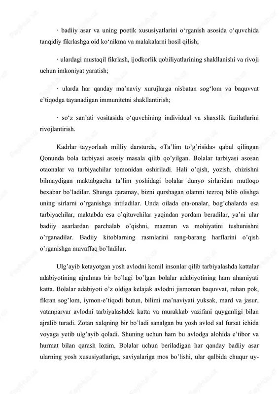 iy va o’qituvchi ustozlarning, shoir va adib, olim va adabiyotshunoslarning oldida turgan eng asosiy vazifa yoshlarni barkamol qilib tarbiyalashdir. yoshlarda milliy g’urur tushunchasini shakllantirish, tarix sahnasida chaqnagan ilm-fan, ma’rifat va ma’naviyat yulduzlarining asarlarini o’rgatish va shu e’tiqod asosida tarbiyalab voyaga yetkazish muhim ishdir. mustaqillik yillari mamlakatimiz ta’lim tizimida farzandlarimizni har tomonlama yetuk va barkamol qilib tarbiyalash maqsadida “talim to’g’risida” gi qonun “kadrlar tayyorlash milliy dasturi” qabul qilindi. ta’limning har bir bosqichida islohotlar izchillik bilan amalga oshirilmoqda. 2004-yil esa respublikamizda maktab ta’limini rivojlantirish bo’yicha muhim xujjatlar qabul qilingan yil sifatida yodimizda qoldi. o’zbekiston respublikasi prezidentining 2004-2009- yillarda maktab ta’limini rivojlantirish. “davlat umummilliy dasturi to’g’risi” dagi farmoni va ushbu farmon asosida qabul qilingan qarorlarida maktablarimizning moddiy-texnika bazasini mustahkamlash hamda uzluksiz ta’limining yagona tizimini shakllantirish bilan bog’liq ustuvor vazifalar belgilab berildi. bugun ushbu farmon talablarini bajarish bo’yicha joylarda keng ko’lamli sa’y-harakatlar olib borilmoqda. ta’lim tizimi islohotiga doir chiqarilgan farmon va qarorlar xalq ta’limi …