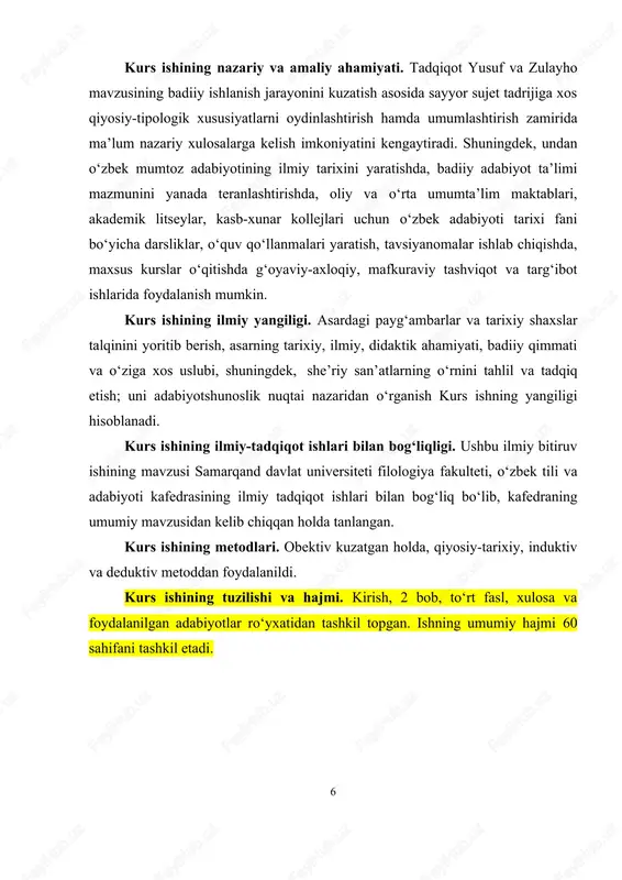 ib chiqqan holda tanlangan. kurs ishining metodlari. obektiv kuzatgan holda, qiyosiy-tarixiy, induktiv va deduktiv metoddan foydalanildi. kurs ishining tuzilishi va hajmi. kirish, 2 bob, to‘rt fasl, xulosa va foydalanilgan adabiyotlar ro‘yxatidan tashkil topgan. ishning umumiy hajmi 60 sahifani tashkil etadi. 7` i bob. yusuf alayhissalom haqidagi qissaning diniy manbalari 1.1. durbek va uning “yusuf va zulayho” dostoni xususida “yusuf va zulayho” - sharq xalqlari orasida mashhur va keng tarqalgan ishq qissasi. asl manbasi – ilohiy muqaddas kitoblar: tavrot, injil va qur oniʼ karim. qur ondagiʼ talqini birmuncha ixcham va badiiy shakllangan. tavrotdagisi folklorga yaqin va qadimiy misr afsonalariga borib taqalishi taxmin qilinadi. sharqda keng tarqalgan qissaning bu varianti qur oniʼ karimning 12 surasi asosida shakllangan bo lib,ʻ jamiki “yusuf va zulayho” qissa va dostonlarining ilhom manbai ushbu suradir. ushbu qissa qur onda “ahsan ul-ʼ qisas” (qissalarning eng go zali) deyaʻ ta riflanadi.ʼ mazkur qissa davrlar o tishi bilanʻ sharqda go …