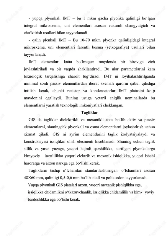 i g‘adir-budir yuzaga yopishishi yaxshiroq, mikronetokisliklarni ta’siri esa 10-70 mkm qalinidagi plenkalar hususiyatlariga kam ta’sir ko‘rsatadi. plata o‘lchamlari korpusining muayyan konstruksiyasi bilan ainqlanadi. plata qalinligi 0,6-1,0 mm. 1206 (153. 15-1) metallshishali korpusni tanlangani hisobga olingan holda va tonologik hisob kitoblarga ko‘ra plataning o‘lchamlari 16,0x15,0 tashkil etadi. plenkali elementlar – rezistorlar va kondensatorlar yupqa plenkali rezistorlar – eng ko‘p tarqalgan imt elementlari hisoblanib, turli materiallardan tayyorlanishi mumkin: metallar va ular qorishmlaridan, metallar aralashmasi va yarim o‘tkazgichlardan, metallar aralashmasi va dielektrik metariallardan. plenkani kvadrat qarshiligi 200 dan 600 om/s gacha va sochiolish quvvatini taxminan 10 mvt/mm2 ta ega bo‘lgan ko‘pincha xrom gost 5905-67 bo‘yicha ishlatiladi. bunda u vaqt bo‘yicha yetarli stabillashgan. yupqa plenkali rezistorlarni himoyalangan dielektrikni zinapoyalari bo‘lmagan silliq yuzada joylashtiriladi. rezistiv materiallarning asosiy parametrlari – bu rezistiv plenkani kvadratini solishtirma qarshiligi, qarshilikni haroratli koeffitsiyenti va yo‘l qo‘yiladigan sochilish quvvati. kondensatorlar qoplamlari uchun eng yaxshi material bo‘lib alyuminiy hisoblanadi, ammo u taglikka …