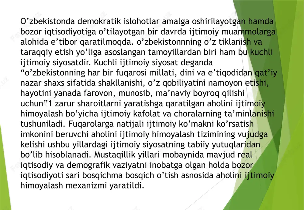 arvarlik goyasi butun iqtisodiy va ijtimoiy munosabatlar tizimiga singib ketishi, ijtimoiy kumaklashuv mexanizmida o’z aksini topishi kerak».  ma’naviy –madaniy saviya past bo’lgan jamiyatda adolat tantana kilishiga umid kilib xam bo’lmaydi. biz barpo etayotgan fuqarolik jamiyatida adolat, xakiqat va insonparvarlik goyalari ustivorlik kilishi lozim. adolat bor joyda inson xak-huquqlari va erkinliklari tula taminlanishiga umid bog’lash mumkin. fuqarolik jamiyati ma’naviy hayoyida nodavlat – notijorat tashkilotlar  bugungi kunda mamlakatimizda jamiyat hayotining turli sohalarida 5100 dan ziyod nodavlat notijorattashkilotlari faoliyat yuritmoqda va bu ko’rsatkich 2000 yilga qaraganda 2,5 barobar ko’pdir. fuqarolir yig’inlari va o’zini sho’i boshqarish organliri – mahallalar soni 10 mingdan ortiqni tashkil qiladi. bo’lar qatorida “kamolot” yoshlar ijtimoiy harakati, o’zbekiston xotin – qizlar qo’mitasi, “sog’lom avlod uchun”, “nuroniy” jamg’armalari, “ijod” fondi, nodavlat notijorat tashkilotlar milliy assosiasiyasi va boshqa jamoat tashkilotlarini sanab o’tish mumkin. yurtimiz taraqqiyotining hozirgi bosqichida nodavlvt notijorat tashkilotlari va boshqa fuqarolik institutlari rolini yanada kuchaytirish fuqarolik jamiyatini shakllantirish, …