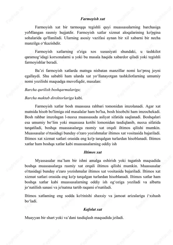 n turlardan hisoblanadi. iltimos xatlar ham boshqa xatlar kabi muassasalarning oddiy ish og‘oziga yoziladi va albatta jo‘natiiish sanasi va jo'natma tartib raqami o'rsatiladi. iltimos xatlaming eng sodda ko'rinishi shaxsiy va jamoat arizalariga i‘xshash bo‘ladi. kafolat xat muayyan bir shart yoki va’dani tasdiqlash maqsadida jziladi. xatlaming bu turi qoidaga ko‘ra bajarilgan ish uchun haq to'lasnda, ;hning bajarilish muddati haqida, turar joy bilan ta’minlashda, ishga qabul ilishda, bajariladigan ishning sifati haqida kafolat berish uchun tayyorlanadi va ishkilot yoki alohida shaxslarga jo‘natiladi. kafolat xati korxona rahbari tomonidan imzolanadi. moliyaviy ishlar bilan og'liq bomgan kafolat xatlariga, albatta, bosh hisobchi ham imzo chekishi arur. ba’zan kafolat xati matnida «kafolat» berish bilan birga xabar berish, >‘rash, iltimos kabi ma’nolar ham ifodalanishi mumkin. tashkilotlar tomonidan kutubxonalarga beriladigan tayyor andozaviy afolat majburiyatlari ham ana shunday xatlar jumlasiga kiradi. tijorat yozishmalari tashqi iqtisodiy faoliyatning turli tomonlarini rivojlantirishda tijorat yozishmalari ahamiyatli o'rin tutadi. bunda bitim, shartnoma tuzish va bajarish bilan …