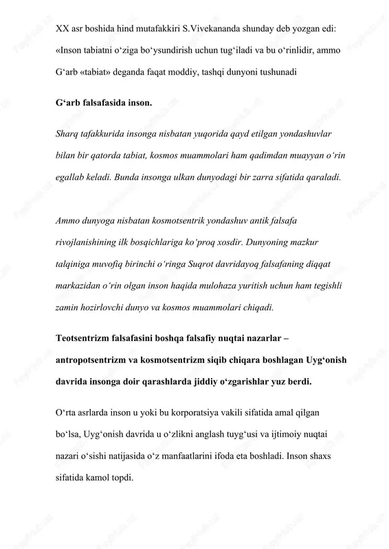agi muvozanat, o'simlik va hayvonot dunyosi, tabiatni e'zozlash haqida qimmatli fikrlar aytganlar. buyuk alloma muhammad ibn muso alxorazmiy (783850) risolalaridan birida bunday deb yozadi: «bilingki, daryoning ko'zlari yoshlansa, uning boshiga g'am, kulfat tushgan bo'ladi. odamlar, daryodan mehringizni darig' tutmanglar!» daryoning «yoshli ko'zlari» deganda muhammad muso alxorazmiy nimalarni ko'zda tutgan ekan? ehtimol, u daryo suvining ortiqcha isrof bo'lishini nazarda tutgandir? vaholanki, buyuk bobomiz eng awalo daryo bilan odamlarning «birbirlarini tushunishlari», o'zaro mehrmuhabbat qo'yishlarini nazarda tutgan. 847 yilda muhammad alxorazmiy «kitob surat alarz» nomli asarini yozdi. unda dunyo okeanlari, quruqlikdagi qit'alar, qutblar, ekvatorlar, cho'llar, tog'lar, daryo va dengizlar, ko'llar va o'rmonlar, ulardagi o'simlik, hayvonot dunyosi, shuningdek, yerning asosiy boyliklari hamda boshqa tabiiy resurslar haqida ma'lumotlar keltirilgan. ushbu risolada matematika, geologiya, astronomiya, etnografiya, tibbiyot, shuningdek dunyo xalqlarining tabiiy ko'nikmalari va tarixiyhuquqiy bilimlari umumlashtirilgan. 2.1.abu nasr forobiy. o'rta osiyo xalqlari ijtimoiyfalsafiy fikrlarining eng yirik va mashhur vakillaridan biri abu nasrj forobiyning (873950) ilmiyfalsafiy merosi …