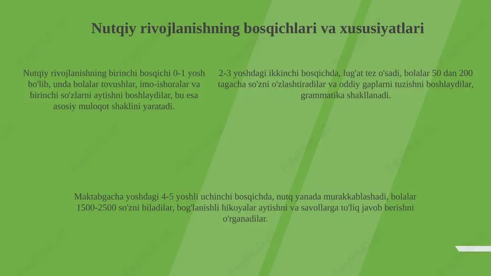 g so'z boyligini 25% ga oshirishi mumkin, bu esa ularning kommunikativ qobiliyatlarini sezilarli darajada yaxshilaydi. virtual reallik (vr) texnologiyasi nutqiy rivojlanishda muammolari bo'lgan bolalarga, xususan autizm spektridagi bolalarga, real hayotda muloqot qilishni 30% ga yaxshiroq o'rganishga yordam beradi. virtual reallik (vr) texnologiyasi nutqiy rivojlanishda muammolari bo'lgan bolalarga, xususan autizm spektridagi bolalarga, real hayotda muloqot qilishni 30% ga yaxshiroq o'rganishga yordam beradi. nutqiy rivojlanish bo'yicha ilmiy-tadqiqot ishlari o'zbekistonda nutqiy rivojlanishni o'rganish 20 dan ortiq dissertatsiyalarni o'z ichiga oladi, ular nutq nuqsonlarini tuzatishning zamonaviy metodlarini va ta'limdagi inklyuzivlikni baholaydi. nutqiy rivojlanish bo'yicha tadqiqotlar bolalarda erta nutqni aniqlashning 10 dan ortiq usullarini o'rganadi, shu jumladan fonetik tahlil va leksik boylikni o'lchash texnikalari. so'nggi ilmiy izlanishlar 3 yoshdan 7 yoshgacha bo'lgan bolalarda bilingualizmning nutqiy rivojlanishga ta'sirini o'rganadi, 5 ta asosiy lingvistik parametrni tahlil qiladi. xulosa ilmiy tadqiqotlar shuni ko'rsatadiki, nutqni rivojlantirish dasturlariga 70% inklyuziv ta'lim elementlarini qo'shish bolalarning nutqiy ko'nikmalarini sezilarli darajada yaxshilaydi. nutq …