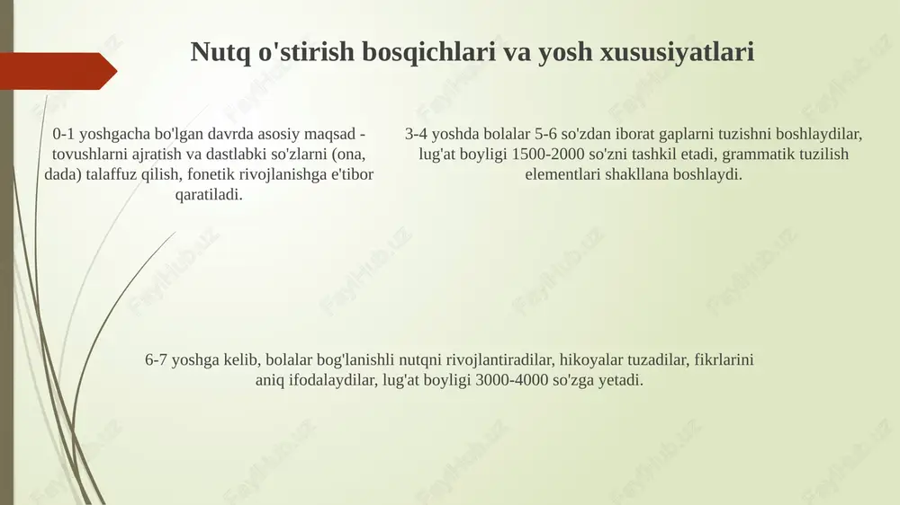 ning samaradorligini baholashda bolaning nutqidagi o'zgarishlar (lug'at boyligi, grammatik tuzilish, bog'lanishli nutq) oldingi ko'rsatkichlar bilan solishtirilib, foizlarda ifodalanadi. baholash jarayonida 3-5 yoshli bolalarning nutqiy rivojlanish darajasi standart testlar va kuzatuvlar orqali aniqlanadi hamda metodikaning har bir bosqichi natijalari tahlil qilinadi. baholash jarayonida 3-5 yoshli bolalarning nutqiy rivojlanish darajasi standart testlar va kuzatuvlar orqali aniqlanadi hamda metodikaning har bir bosqichi natijalari tahlil qilinadi. xulosa metodikaning samaradorligini baholash 5 ta asosiy mezon orqali amalga oshiriladi: lug'at boyligi, grammatik tuzilish, bog'lanishli nutq, fonetik talaffuz va pedagogning mahorati. nutq o'stirish metodikasini yakunlashda, uning 12 ta asosiy tamoyilga asoslanganligi, xususan, bolaning yosh xususiyatlarini hisobga olish muhim ahamiyatga ega ekanligi ta'kidlanadi. xulosa qilib aytganda, nutq o'stirish 4 bosqichda amalga oshiriladi va har bir bosqichda o'yinlar, mashqlar hamda oilaning ishtiroki katta rol o'ynaydi. tavsiyalar nutq nuqsonlarini tuzatishda logoped bilan individual mashg'ulotlar o'tkazish, shuningdek, oilada 15-20 daqiqa davomida muntazam fonetik mashqlar bajarish tavsiya etiladi. bolalarning lug'at boyligini oshirish …