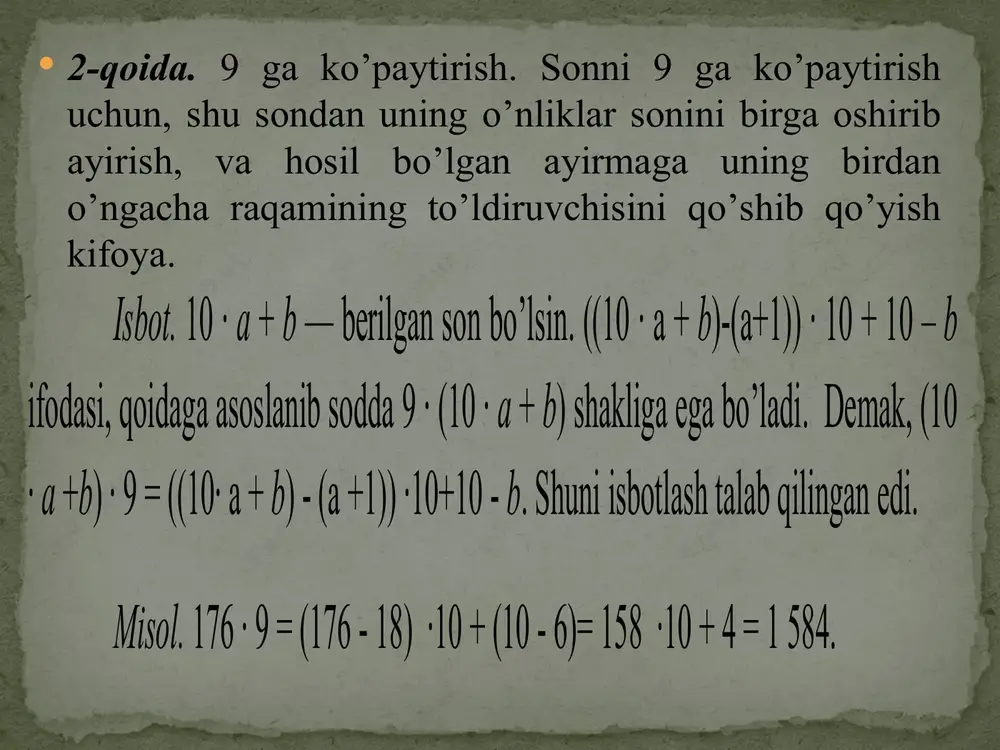 53 ∙ 11 ifodaning qiymatini topish uchun quyidagilarni amalga oshiramiz: 1) yig’indini topamiz : 5 + 3 = 8; 2) 5 3 sonining raqamlarining orasini ochib , 8 raqamini qo ’ yamiz va javobga ega bo ’ lamiz : 53 ∙ 11 = 583. misol . 58 ∙ 11 ifodaning qiymatini topish uchun quyidagilarni amalga oshiramiz: 1) yig’indini topamiz : 5 + 8=13; 2) 58 sonining raqamlarining orasini ochib, 3 raqamini qo’yamiz,o’nlikni birga oshirib (5 + 1 = 6) va javobga ega bo’lamiz : 58 ∙ 11= 638. 9 - qoida . ikki xonali sonni 101ga ko’paytirish. ikki xonali sonni 101ga ko’paytirish uchun o’sha sonni o’n tarafga ko’chirib qo’yish kifoya. isbot . 10 a + b — berilgan son bo’lsin . (1 0 a + b ) ∙ 10 2 + 10 a +b ifodasi , qoidaga asoslanib, sodda (10 a + b ) ∙ 101 shakliga ega bo ’ …