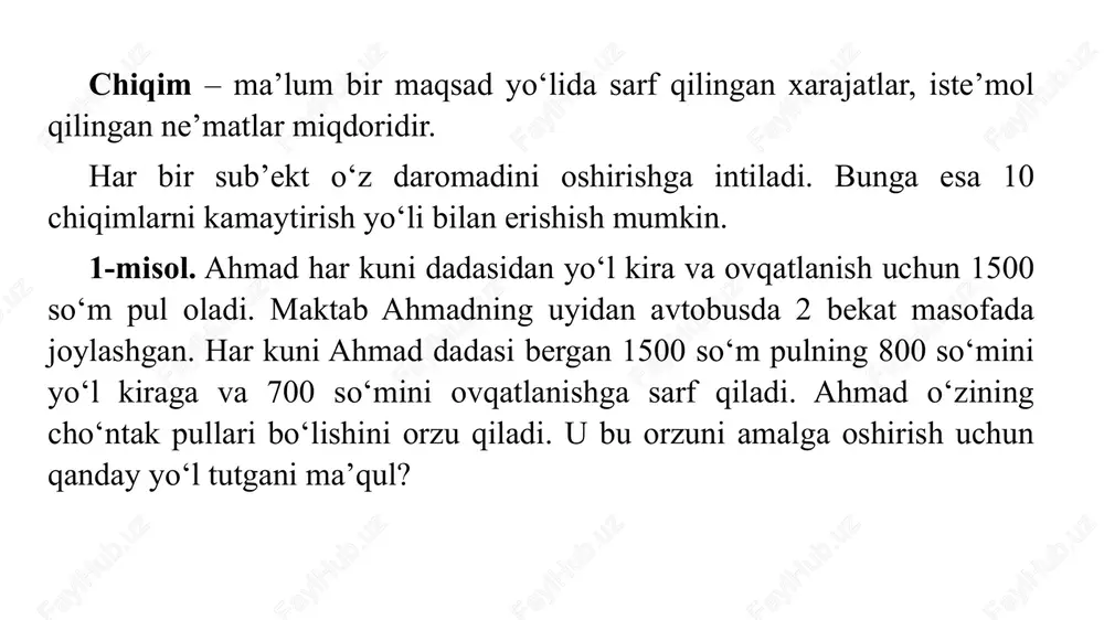 va 400 kishi/soat ish kuchi sarf qilgan. har bir ish kuchiga to‘g‘ri keluvchi o‘rtacha mahsulot miqdorini aniqlang. yechish. masalada q=500000, f=400. demak, javob: har bir ishchi haftada o‘rtacha 1250 so‘mlik mahsulot ishlab chiqaradi. tayanch so‘z va iboralar mehnat unumdorligi, hosildorlik, o‘rtacha miqdorlar, absolyut va nisbiy ko‘rsatkichlar. masalalar 1. firma futbolkalar ishlab chiqarishga mo‘ljallangan. unda 5 ta ishchi ishlaydi va ularning har biri haftasiga 48 soatdan mehnat qiladi. agar firma bir haftada 400 ta futbolka ishlab chiqarsa, uning mehnat unumdorligini toping. 2. koorxonada dastlab 3 ta ishchi faoliyat yuritgan va ular soatiga 12 ta mahsulot tayyorlagan. bir yildan so‘ng firmada 6 ta ishchi ishlab, ular bir soatda 30 ta mahsulot ishlab chiqargan. firmada mehnat unumdorligi qachon yuqori bo‘lgan? 3. mebel fabrikasida 50 ta ishchi ishlaydi va ular bir oyda 2 000 000 so‘mlik mahsulot ishlab chiqaradi. agar ishchilar haftada 40 soatdan mehnat qilsa, fabrikadagi mehnat unumdorligi toping. 4. dehqon xo‘jaligida 12 …