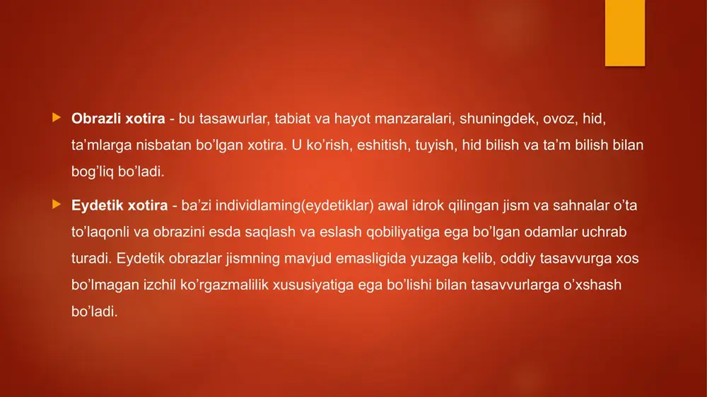 metodi esda olib qolinadigan materialning inson hissiy kechinmalari bilan aloqasiga asoslangan. insondagi kuchli his237 tuyg’ular va kechinmalar hosil qiladigan material oson esda olib qolinishi aniqlandi. materialni yaxshi va oson esda olib qolish uchun bu materialni yodlayotgan odamda qiziqish uyg’otishi kerak. aloqalar metodi matnning tayanch so’zlarini yagona yaxlit hosilaga, yagona hikoyaga birlashtirishdan iborat. joylar metodi ko’rish assotsiatsiyalarga asoslangan: esda olib qolish kerak bo’lgan jismni aniq tasavvur qilib, uning obrazini xotirada oson topish mumkin bo’lgan joy obrazi bilan biriashtirish zarur. bu metod jismlar va joylar izchilligi tomonidan belgilangan assotsiatsiyalarga asoslangan. doimiy yo’nalish sifatida ish joyigacha bo’lgan yo’l, xonadondagi xonalar va xonalar ichkarisidagi alohida «joylar» (divan, shkaf, kreslo va boshqalar) joylashuvi xizmat qilishi mumkin. joylar ma’lum izchillikda raqamlanadi va esda olib qolinishi zarur bo’lgan jismlar ko’rish obrazlarini xotirada qayd etgan holda tanlangan yo’nalish bo’yicha joylashtiriladi. shu tarzda zarur material ma’lum izchillikda esda olib qolinadi. xotiraning sintetik modeli bu aloqalaming xususiyatlari, masalan, mustahkamligi va …