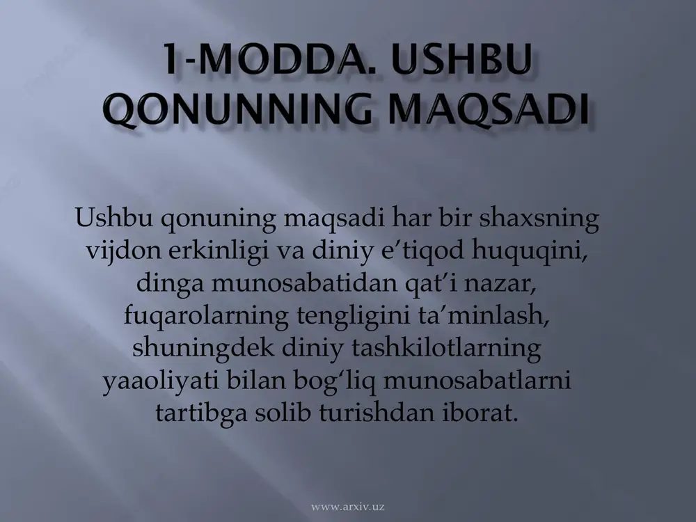 i. diniy o‘quv yurtlarida diniy fanlarni o‘qitayotgan shaxslar diniy ta’lim olgan bo‘lishlari va o‘z faoliyatlarini tegishli markaziy boshqaruv organining ruxsati bilan amalga oshirishlari lozim. xususiy tartibda diniy ta’lim berish man etiladi. www.arxiv.uz www.arxiv.uz diniy tashkilotning ustavi quyidagi ma’lumotlarni o‘z ichiga olgan bo‘lishi kerak: diniy tashkilotning nomi, turi, joylashgan manzili, qaysi dinga mansubligi; maqsadi, vazifalari va faoliyatining asosiy turlari; faoliyatni tashkil etish va tugatish tartibi; tuzilishi va boshqaruv organlari; mablag‘lari manbai hamda ushbu tashkilot ichidagi, shuningdek undan tashqaridagi mulkiy munosabatlar; ustavga o‘zgartishlar va qo‘shimchalar kiritish tartibi; ushbu diniy tashkilotga taalluqli boshqa ma’lumotlar. markaziy boshqaruv organlariga ega bo‘lgan diniy tashkilotlarning ustavlari mazkur boshqaruv organlari bilan kelishilgan bo‘lishi kerak. www.arxiv.uz www.arxiv.uz diniy tashkilotlarning markaziy boshqaruv organlarini ro‘yxatga olish o’zbekiston respublikasi adliya vazirligi tomonidan, boshqa diniy tashkilotlarni esa tegishli ravishda qoraqalpog‘iston respublikasi adliya vazirligi, viloyatlar, toshkent shahar adliya boshqarmalari tomonidan o’zbekiston respublikasi vazirlar mahkamasi huzuridagi din ishlari bo‘yicha qo‘mita bilan kelishilgan holda amalga oshiriladi. …