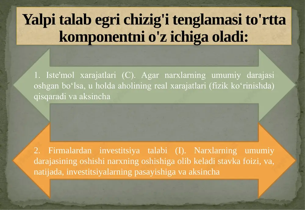 layotgan barcha tovarlar va xizmatlar hajmidir. bu narxlarning har xil mumkin bo’lgan o’rtacha darajasida milliy ishlab chiqarishning mavjud real hajmini ko’rsatadi. yalpi taklifga eng awalo narxlar darajasi bilan ishlab chiqarilgan tovarlar ijtimoiy qiymati o’rtasidagi nisabtning o’zgarishi ta’sir ko’rsatadi. narxlar darajasining qiymatdan oshishi qo’shimcha tovarlar ishlab chiqarish uchun rag’bat yaratadi. narxlar darajasining qiymatdan pasayishi esa tovar ishlab chiqarishning qisqarishiga olib keladi. shu sababli narxlar va milliy ishlab chiqarish hajmi o’rtasida to’g’ridan-to’g’ri yoki bevosita bog’liqlik mavjud bo’ladi. yalpi taklifga narxdan tashqari yana bir qator omillar ta’sir ko’rsatadi: a) resurslar narxining o’zgarishi; b) samaradorlikning o’zgarishi; v) huquqiy me’yorlarning o’zgarishi. iqtisodiyot nazariyasida yalpi taklifga uch xil nuqtai nazardan yondashuv mavjud: yalpi taklif narxlar darajasiga bog’liq emas; narxlar darajasiga bevosita bog’liq; yalpi taklifning o’sishida yoki kamayishida narxlar darajasi o’zgarishsiz qoladi. shuning uchun yalpi taklif egri chizig’i grafigi uchta kesmaga ega: tik, yotiq va oraliq kesmalar. e’tiboringiz uchun rahmat image3.jpeg image4.png image5.jpeg image6.jpeg image7.png image8.png image9.png …