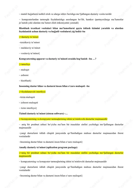 dastur bilan va dasturni inson bilan o‘zaro muloqoti –bu {=foydalanuvchi interfeysi ~tizim muloqoti ~ axborot muloqoti ~ tizim interfeysi} tizimli dasturiy ta’minot (sistem software) -… {=kompyuterning va kompyuter tarmoqlarining ishini ta’minlovchi dasturlar majmuasidir ~ aniq bir predmet sohasi bo‘yicha ma’lum bir masalalar sinfini yechishga mo‘ljallangan dasturlar majmuasidir ~yangi dasturlarni ishlab chiqish jarayonida qo‘llaniladigan mahsus dasturlar majmuasidan iborat vositalardir ~insonning dastur bilan va dasturni inson bilan o‘zaro muloqoti} amaliy dasturiy ta’minot (aplication program package) {=aniq bir predmet sohasi bo‘yicha ma’lum bir masalalar sinfini yechishga mo‘ljallangan dasturlar majmuasidir ~ kompyuterning va kompyuter tarmoqlarining ishini ta’minlovchi dasturlar majmuasidir ~yangi dasturlarni ishlab chiqish jarayonida qo‘llaniladigan mahsus dasturlar majmuasidan iborat vositalardir ~insonning dastur bilan va dasturni inson bilan o‘zaro muloqoti} dasturlash texnologiyasining uskunaviy vositalari {=yangi dasturlarni ishlab chiqish jarayonida qo‘llaniladigan mahsus dasturlar majmuasidan iborat vositalardir ~ kompyuterning va kompyuter tarmoqlarining ishini ta’minlovchi dasturlar majmuasidir ~aniq bir predmet sohasi bo‘yicha ma’lum bir masalalar sinfini yechishga mo‘ljallangan …