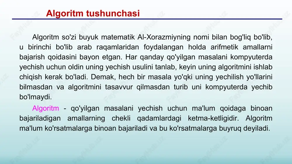 . algoritmlarning ifodalash usullari algoritmni grafik shaklda ifodalash blok-sxema deb, berilgan algoritmni amalga oshirishdagi amallar ketma-ketligining oddiy tildagi tasvirlash elementlari bilan to’ldirilgan grafik tasvirga aytiladi. algoritmning har bir qadami blok-sxemada biror bir geometrik shakl bilan aks ettirilgan bo’ladi. shakllar o’zaro yo’nalish chiziqlari bilan birlashtiriladi. algoritmlarni grafik usulda tasvirlash algoritmlarni grafik usulda tasvirlashda har bir amal bir yoki bir nechta harakatni ifodalovchi o'zaro bog'liq funktsional bloklar ketma-ketligi orqali tasvirlanadi. algoritmning bunday tasvirlash usuli algoritm sxemasi yoki blok-sxema deb ataladi. blok-sxemada har bir harakat turini (boshlang'ich qiymatlarni kiritish, ifodalar qiymatlarini hisoblash, shartlarni tekshirish, amallarni takrorlashni boshqarish, qayta ishlashni tugatish va h.k.) ma'lum bir geometrik figura orqali ifodalanadi. blokli belgilar (geometrik figuralar) chiziqlar orqali bog'lanadi (bunda qaysi amal oldin, qaysinisi keyin bajarilishi ko'rsatiladi). algoritmlashtirishda ko`p qo`llaniladigan bloklar bilan yaqindan tanishib chiqamiz. - jarayon (bitta yoki bir guruh operatsiyalarni bajarish) - qaror qabul qilish (ma’lum bir shartlar asosida algoritm yoki dasturni bajarilish yo`nalishini tanlash) …
