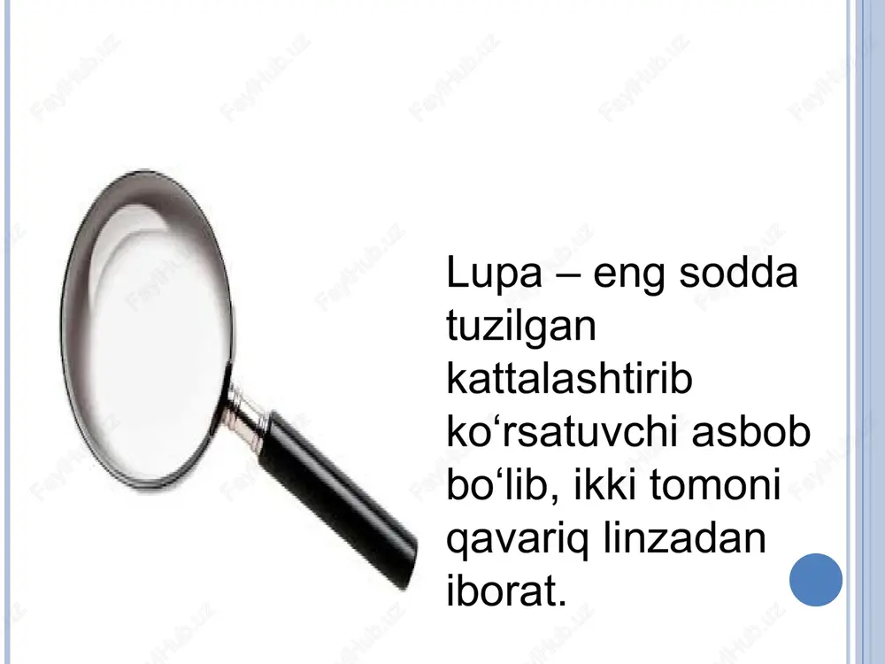 oskopda ko’rishga oxshasada, unga nisbatan ko’proq imkoniyatga ega. masalan, uning yordamida bo’yalmagan tirik hujayralarning aniq tasvirini ularning quruq vaznini (massasini) aniqlash mumkin.interferension usulida bo’yalgan preparatlarning yadrosi, odatda qizilga, sitoplazmasi esa zangori ranga bo’yaladi lyuminestent (yoki flyuoretsent) mikroskopda ko’rish: lyuminetensiyada qator moddalarning atomlari (molekulalari) qisqa to’lqinli nurlanish yutar ekan, u qo’zg’algan holatga keladi. ularning qo’zg’algan holatdan normal holatga o’tishi esa yorug’likni katta to’lqin uzunligida tarqatib yuborish hisobiga bo’ladi. mikroskop bilan ishlash tartibi 1. stol chetidan 3-4 cm joy qoldirib mikroskopni joylashtiring. mikroskop bilan ishlash tartibi . 2. ko‘zguni yorug‘likka qarating. okulyardan qaraganda yorug‘lik bir tekis tushishi kerak. mikroskop bilan ishlash tartibi 3. ish jarayonida mikroskopni joyidan qo‘zg‘atmang. 4. tayyor preparatni buyum stolchasiga joylashtiring va qisqich bilan qotiring. 5. okulyarga bitta ko‘z bilan qarang, lekin ikkinchi ko‘zingizni yummang, pirpiratmang. 6. tubusni makrovint yordamida ohista ko‘taring. bu jarayonni tasvir hosil bo‘lguncha davom ettiring. mikroskop bilan ishlash tartibi * mikroskop bilan ishlash tartibi 7. …