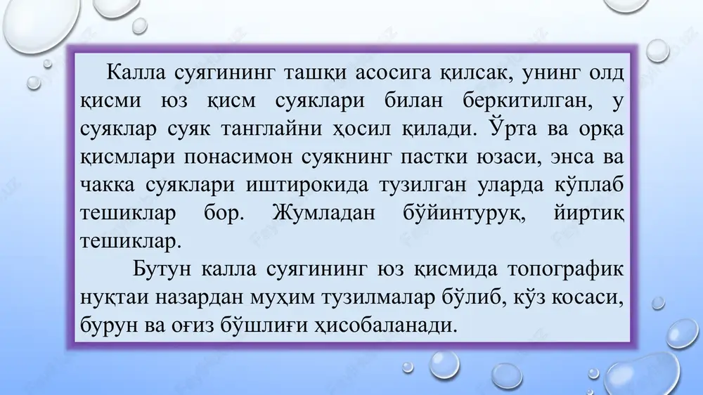 peshona suyaklaridagi yuqori chakka chizig'i linea temporalis superior vositasida kalla gumbazining boshqa qismlaridan chegaralanadi. uning medial,ichki devori tepa suyagining tashqi yuzasining angulus sphenoidalis sohasidagi pastki qismidan, chakka suyagi pallasining chakka yuzasidan va ponasimon suyak katta qanotining tashqi yuzasidan tashkil topadi. uning oldingi devorini yanoq suyagi va peshona suyagining yuqori chakka chizig'idan orqadagi bir qismitashkil etadi.chakka chuqurchasi tashqi tomondan arcus zygomaticus bilan chegaralangan. chakka chuqurchasi, fossa temporalis chakka chuqurchasi e’tiboringiz uchun raxmat !!! image2.png image4.png image3.png image5.jpeg image6.jpeg image7.jpeg image8.jpeg image9.jpeg image10.png image11.jpeg image12.jpeg image13.jpg image1.png eye bone anatomy eye bone anatomy human body diagram 134957244 /docprops/thumbnail.jpeg