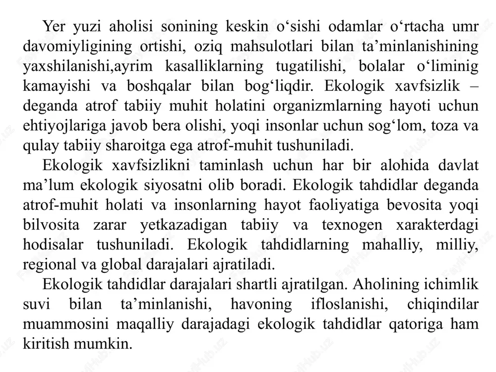arur ta’lim-tarbiya, targ‘ibot ishlarini muntazam olib borish, ommaviy axborot vositalarida bu masalalarni yoritib borish ijobiy natijalarni beradi. 5.3. o‘zbekistonda ekologik qonunchilik va uning samaradorligini oshirish o‘zbekiston respublikasining oliy majlisi tabiatni muhofaza qilish siyosatining asosiy yo‘nalishlarini belgilaydi, qonun hujjatlarini qabul qiladi va tabiatni muhofaza qilish davlat qo‘mitasining faoliyatini muvofiqlashtirib turadi. tabiiy resurslardan foydalanganlik uchun haq olishning eng ko‘p-kam hajmini, shuningdek, to‘lovlarini undirib olishdagi imtiyozlarni belgilaydi. shuningdek, hududlarni favqulodda ekologiya holati, ekologiya ofati va ekologiya falokati mintaqalari deb e’lon qiladi va bunday mintaqalarning huquqiy rejimini va jafo ko‘rganlarning maqomini belgilaydi. o‘zbekiston respublikasi vazirlar mahkamasi davlatning tabiatni muhofaza qilish siyosatini amalga oshiradi, ekologiya sohasidagi davlat dasturlarini qabul qiladi, ularning bajarilishini nazorat qiladi, tabiiy resurslarni hisobga olish va baholashni tashkil etadi, ekologiya maorifi va tarbiyasi tizimini yaratadi hamda uning amal qilishini ta’minlaydi. atrof tabiiy muhitni davlat boshqaruvi vazirlar mahkamasi, tabiatni muhofaza qilish davlat qo‘mitasi va mahalliy hokimiyat organlari tomonidan amalga oshiriladi. bir qator vazirliklar …