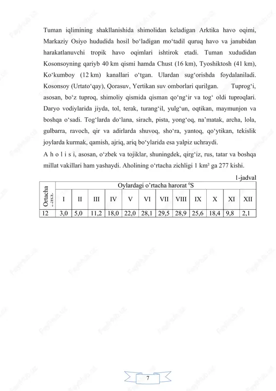 adigan arktika havo oqimi, markaziy osiyo hududida hosil boʻladigan moʻtadil quruq havo va janubidan harakatlanuvchi tropik havo oqimlari ishtirok etadi. tuman xududidan kosonsoyning qariyb 40 km qismi hamda chust (16 km), tyoshiktosh (41 km), koʻkumboy (12 km) kanallari oʻtgan. ulardan sugʻorishda foydalaniladi. kosonsoy (urtatoʻqay), qorasuv, yertikan suv omborlari qurilgan. tuprogʻi, asosan, boʻz tuproq, shimoliy qismida qisman qoʻngʻir va togʻ oldi tuproqlari. daryo vodiylarida jiyda, tol, terak, turangʻil, yulgʻun, oqtikan, maymunjon va boshqa oʻsadi. togʻlarda doʻlana, sirach, pista, yongʻoq, naʼmatak, archa, lola, gulbarra, ravoch, qir va adirlarda shuvoq, shoʻra, yantoq, qoʻytikan, tekislik joylarda kurmak, qamish, ajriq, ariq boʻylarida esa yalpiz uchraydi. a h o l i s i, asosan, oʻzbek va tojiklar, shuningdek, qirgʻiz, rus, tatar va boshqa millat vakillari ham yashaydi. aholining oʻrtacha zichligi 1 km² ga 277 kishi. 1-jadval ortacha yillik oylardagi o’rtacha harorat 0s i ii iii iv v vi vii viii ix x xi xii 12 3,0 …