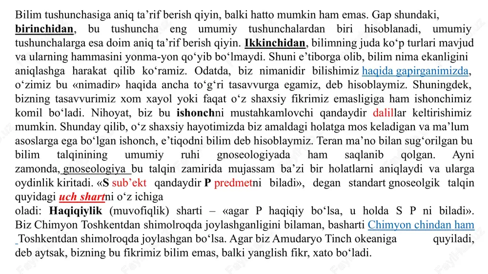 mos keladigan va asoslangan ishonchdir. bilim shakllari – inson o‘zini qurshagan olamni anglab yetadi, uni har xil usullar yordamida o‘zlashtiradi. bu usullardan ikkita eng muhimini qayd etish mumkin. birinchi – moddiy-texnikaviy usul – tirikchilik vositalarini ishlab chiqarish, mehnat, amaliyot. ikkinchi – ma’naviy (ideal) usul; uning doirasida sub’ekt va ob’ektning bilishga doir munosabatlari ular o‘rtasidagi ko‘p sonli munosabatlarning biridir. o‘z navbatida, bilish jarayoni va unda olinadigan bilimlar amaliyot va bilishning tarixiy rivojlanishi mobaynida tabaqalanadi va o‘zining har xil shakllarida mujassamlashadi. bilishning bu shakllari, garchi o‘zaro bog‘liq bo‘lsa-da, lekin bir-biriga o‘xshamaydi va har bir-biri o‘ziga xos xususiyatlarga ega. kundalik amaliy bilim. tabiat haqida, shuningdek, odamlarning o‘zlari, ularning yashash sharoiti, ijtimoiy aloqalari va hokazolar to‘g‘risida elementlar bilimlar beruvchi kundalik amaliy bilimlar bilishning tarixan eng birinchi shakli hisoblanadi. bilishning bu shakli kundalik hayot, odamlar amaliy tajribasidan kelib chiqqan. shu asosda olingan bilimlar garchi mustahkam bo‘lsada, biroq tartibsiz, tarqoq xususiyatga ega bo‘ladi, ma’lumotlar, qoidalar va …