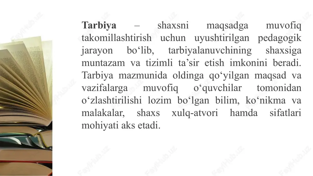 ing o‘ziga xos xususiyatlarini hisobga olish, aqliy va xulqiy faoliyat, so‘z va ish birligi mezonlariga tayanish; 4) bolalar kamolotiga ta’sir etuvchi an’ana, urf-odatlar, ular o‘rtasidagi tafovutlarni bilish, aniqlash asosida yaxshi bilan yomon, eskilik bilan yangilik, o‘rtasida yuz beradigan nizolarni hisobga olish, o‘zaro tanqid va hokazo; maqsad, mazmun, shakl kategoriyalari tarbiya jarayonining mohiyati (u nimaga qaratilgan, nimani to‘ldiradi, nimaga yo‘naltirilgan, qanday shaklda tugallanadi)ni ochib beradi. biroq, tarbiya mohiyatini yoritishda qanday qilib tarbiyalash savoli bilan aloqador yana bir muhim kategoriya ham mavjud. bu tarbiya metodi tushunchasidir. tarbiya metodi (yunoncha «metodos» – yo‘l) tarbiya maqsadiga erishishning yo‘li. maktab amaliyotiga tatbiq etilganda, metodlar – bu tarbiyalanuvchilarning ongi, irodasi, tuyg‘ulari va xulqiga ta’sir etish usullaridir. bola o‘qishni, tarbiya olishni istaydi, katta bo‘lib jamiyat hayotida faol ishtirok etishni xohlaydi. pedagog uni qay usulda, qanday munosabatlar sharoitida, qanday pedagogik jarayonda tarbiyalashi lozimligini bilishi kerak. shu bilan birga, bola o‘zini o‘zgartirishda faol ishtirokchi ekanligini ham unutmaslik lozim. demak, …