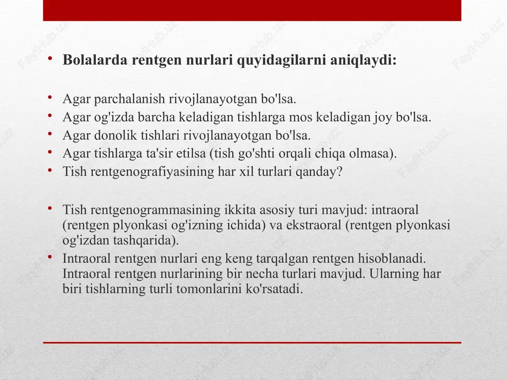 shrif buyurgan rentgen nurlari, vaqt o'tishi bilan olingan muammolar va kutilmagan o'zgarishlarni izlash uchun olingan rentgen nurlari bilan taqqoslash uchun ham qo'llaniladi, tish muammolari xavfi yuqori bo'lgan odamlarda rentgen nurlarini tez-tez olish kerak bo'lishi mumkin. ushbu odamlar quyidagilarni o'z ichiga oladi: bolalar: bolalar odatda kattalarga qaraganda ko'proq rentgen nurlanishiga muhtoj, chunki ularning tishlari va jag'lari hali ham rivojlanib bormoqda va ularning tishlari tishlarga katta yoshlilarga qaraganda ko'proq ta'sir qiladi. plomba kabi ko'plab restorativ ishlarni bajaradigan kattalar: mavjud plombalarning ostidan yoki yangi joylardan parchalanishni izlash. ko'p shakarli ichimliklarni iste'mol qiladigan odamlar: tishlarning parchalanishini izlash. periodontal (tish go'shti) kasalligi bo'lgan odamlar: suyaklarning yo'qolishini kuzatish. og'izlari qurigan odamlar: dori-darmonlarga (antidepressantlar, antioksidant dorilar, antigistaminlar va boshqalar) yoki sog'liq holatlariga (masalan, sjogren sindromi, tuprik bezlariga shikast etkazish, bosh va bo'yin radiatsiya bilan davolash) sabab bo'ladimi. og'izning quruq holati parchalanishga olib keladi. chekuvchilar: tish go'shti kasalligidan kelib chiqadigan suyaklarning yo'qolishini kuzatish (chekuvchilar gum kasalligi xavfini oshiradi). …