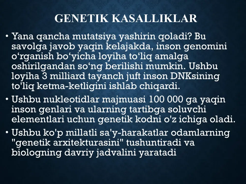 ning funktsiyasiga ta'sir qiladi. tibbiyotda bir qator anomaliyalar va turli kasalliklar ma'lum bo'lib, ular ma'lum bir chegaradan oshib ketadigan ko'p omilli moyilligi bo'lgan odamlarda paydo bo'ladi deb taxmin qilinadi. keling, ba'zi "intervalent" multifaktorial inson kasalliklariga misollar keltiramiz: izolyatsiya qilingan tug'ma nuqsonlar - lab va tanglay yorig'i; tug'ma yurak nuqsonlari; asab naychalari nuqsonlari; pilorik stenoz; kattalardagi keng tarqalgan kasalliklar - gipertenziya; romatoid artrit; oshqozon yarasi; shizofreniya; epilepsiya; bronxial astma. yaqin qarindoshlarda umumiy populyatsiyaga nisbatan yuqori chastota mavjud , kasallikning rivojlanish xavfi bemor bilan munosabatlar darajasiga va proband kasalligining og'irligiga bog'liq. qoida tariqasida, probandlarning nasl-nasablarida monogen kasalliklarga xos bo'lgan kasal va sog'lom odamlarning taqsimlanishi yo'q. intervalent multifaktorial kasalliklarning merosxo'rlik xususiyatlari tug'ma malformatsiya misolida yaxshi ko'rsatilgan - lab va tanglay yorig'i . bunday tug'ma nuqsonli bolaning ota-onasi odatda sog'lom bo'ladi . biroq, kasal bolaning tug'ilishi ularning har biri ko'plab qo'shimchalar, shartli g'ayritabiiy genlarning tashuvchisi ekanligini ko'rsatadi, ularning soni hali ham nuqson hosil qilish …