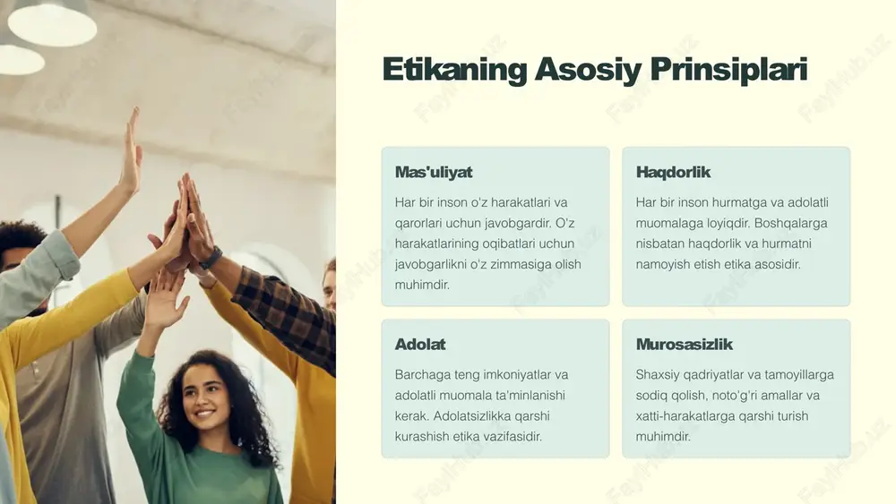 iyatga ega. tinchlik va hamjihatlik etika va estetika insoniyatning umumiy qadriyatlarini tushunish va hurmat qilishga o'rgatadi, bu esa tinchlik va hamjihatlikka yo'l ochadi. 15 etika va estetikaning ustaxonalardagi amaliy qo'llanishi amaliy mashg'ulotlar etika va estetika bo'yicha mashg'ulotlar amaliy mashqlar, muhokamalar va ijodiy loyihalar orqali o'tkazilishi mumkin. guruhiy ish talabalarga etika va estetika bilan bog'liq vaziyatlarni tahlil qilish va ularni o'zaro muhokama qilish imkoniyati beriladi. loyiha ishlari ijodiy loyihalar orqali talabalarning estetik qobiliyatlarini rivojlantirish, etika normalariga rioya qilishni o'rgatish mumkin. 16 etika va estetikaning jamoaviy ishda ahamiyati hamkorlik va muloqot jamoaviy ishda etika va estetikaning ahamiyati katta, chunki ular hamkorlik va muloqotni yaxshilaydi. maqsadga yetadigan yo'l umumiy maqsadga erishish uchun jamoa a'zolari o'zaro hurmat va hurmatga asoslangan estetik munosabatda bo'lishlari kerak. ijodkorlik va natija etika va estetika jamoa a'zolarining ijodkorligini oshirib, sifatli natijalarga erishishga yordam beradi. 17 etika va estetikaning yigitlarni tarbiyalashdagi roli etik qadriyatlar yigitlarni to'g'ri yo'lga boshlaydi. ularga halollik, …
