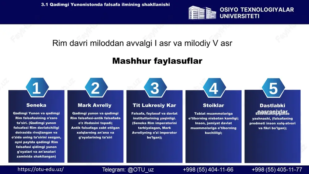 r, qarshi savollar yordamida suhbatdoshni haqiqatni mustaqil topishga yo'naltirish. suqrot o'z falsafasini va ma'rifiy ishlarini maydonlarda xalq orasida ochiq muloqot tarzida olib borgan dialog mavzulari o'z davrining dolzarb muammolari hatto hozirgi kunda ham ahamiyatini yo'qotmagan, yaxshilik; yomonlik; muhabbat; baxt; halollik va shu kabilar bo'lgan. 3.3. yangi va eng yangi davr falsafasining ustuvor yo'nalishlari platon (miloddan avvalgi 427-347 yy.) qadimgi yunonistonning yirik faylasufi, suqrotning shogirdi o'z maktabi - akademiyasining asoschisi. sof (tanasiz) g'oyalar haqiqiy, abadiy va doimiy platonning aksariyat asarlari dialog bahs shaklida yozilgan faqat sof g'oyagina real mavjud (eydos) moddiy narsalar o'zgaruvchan va aslida umuman mavjud emas xususiyatlari olam (narsalar olami) vaqtincha o'zgaruvchan va aslida umuman mavjud emas platon-o'zidan keyin biri "suqrot apologiyasi", "parmenid", "gorgiy", "fedon", "davlat" qonunlar kabi yirik falsafiy asarlarini qoldirgan birinchi qadimgi yunon faylasufi har qanday mavjud, shunchaki narsa haqidagi boshlang'ich g'oya (eydos)ning moddiy in'ikosidir (masalan otlar tug'iladilar va halok bo'ladilar, biroq ular abadiy va o'zgarmas ot …