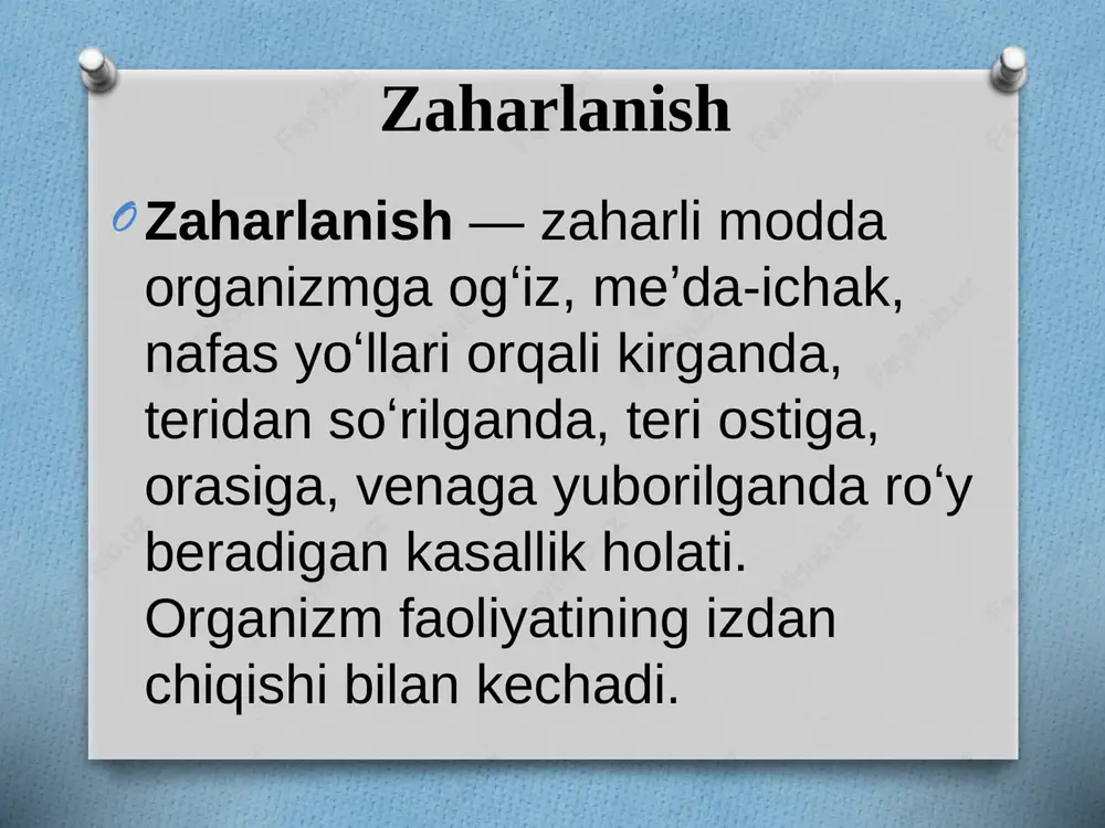 ri orasidan topilgan. shuning uchun ham kasallikka o’rov kasalligi yoki «kashin-bek» deb nom berilgan. bu kasallikkda suyakning o’sishi susayadi natijada oyoq va qo’l suyaklarining qisqarishiga olib keladi. o’rov kasalligi mahalliy don o’simliklarining fuzarium sporotrixella turkumidagi toksik zamburug’lardan zaralanish tufayli kelib chiqadi. ikkinchi nazoratga ko’ra o’rov kasalligi tuproqda suv xavzalarida oziq-ovqat mahsulotlarida ichimlik suvida kalsiy darajasi past bo’lgan holda stronsiy miqdori ortiqcha bo’lganda stronsidraxiti toksikozi sifatida avj oladi. mikotoksikozlar ovqat mikotoksikozlari asosan surunkali kasallik bo’lib organizmga ovqat mahsulotida don va don mahsulotlarida ko’paygan mikroskopik zamburug’larning hayot faoliyati mahsulotlarni to’kishi natijasida paydo bo’ladi. mikrotoksikozlarga aflotoksikozlar, alimenter toksik aleykiya (septik angina), ‖achigan non‖ dan zaharlanish va ergotizm kiradi. alimentar toksik aleykiya (septik angina) ovqatda qor tagida qolib qishlab qolib ketgan donni iste‘mol qilish natijasida paydo bo’ladi. erta bahordan qorlar erigandan oftob nuri ta‘sirida dalalardagi donda nam va issiq muxit hosil bo’lib bu fuzarium sporotichiellavarlar turkumidagi zamburug’ning ko’payishiga imkon beradi. kasallikning tarqalishi bahor faslining …