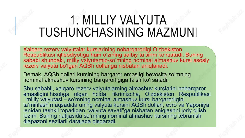 r narxlari darajasini o‘zaro nisbati orqali hisoblangan valyuta kursidir. real ayirboshlash kursi real ayirboshlash kursi xalqaro iqtisodiy nazariyada “savdo shartlari” (terms of trade)dan birini o‘zida namoyon etadi. jahon iqtisodiyotida milliy iqtisodiyotlarni, xususan, yaim, yamd (yalpi milliy daromad)ni o‘zaro solishtirish odatda, real valyuta yoki valyutalarning xarid quvvati pariteti (ppp) bo‘yicha hisoblangan kurslari orqali amalga oshiriladi. real ayirboshlash kursi quyidagi formula asosida hisoblanadi: bu erda, – nominal valyuta kursi; – milliy pul birligida ifodalangan ichki bozordagi narxlar darajasi; – chet eldagi narxlar darajasi (xorijiy valyutada hisoblangan). real ayirboshlash kursini hisoblash: 1-misol real valyuta kursining mohiyatini quyidagi misol orqali to‘liqroq tushuntishga harakat qilamiz. ma’lum bir turdagi mahsulot (1 kg qoramol go‘shti)ning narxi o‘zbekistonda 15 000 so‘m bo‘lsa, aqshda 30 dollar, nominal valyuta 1 usd/uzs = 2000. mazkur holatda real valyuta kursi quyidagiga teng: bu aqshdagi ma’lum bir turdagi mahsulot (1kg qaramol go‘shti) narxiga o‘zbekistonda 4 birlik shu turdagi mahsulot (4 kg qaramol go‘shti)ni …