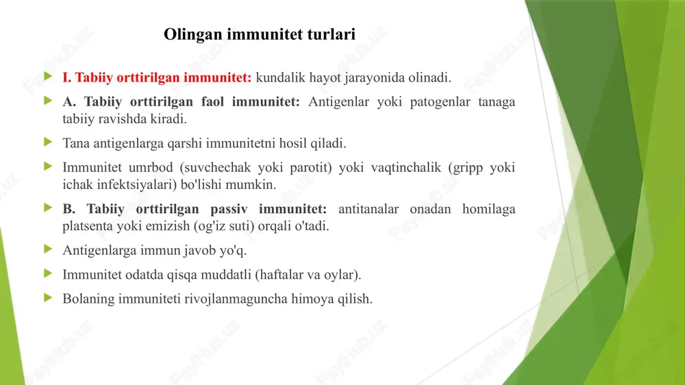 lash: ha plasenta transferi: yo’q ma'lum funktsiyalar: infektsion paytida hosil bo'lgan birinchi antitanalar. mikroblar va aglutinatsiya qiluvchi antigenlarga qarshi samarali. immunoglobulinlar sinflari iii. iga tuzilishi: dimer zardob antitanalari foizi: 10-15% joylashuvi: sekretsiyalar (ko'z yoshlari, tupurik, ichak, sut), qon va limfa. zardobda yarim yemirilish davri: 6 kun to'ldiruvchini aniqlash: yo’q plasenta transferi: yo’q ma'lum funktsiyalari: shilliq qavatlarni himoya qilish. bolaning ovqat hazm qilish tizimiga immunitetni ta'minlaydi. immunoglobulinlar sinflari iv. igd tuzilishi: monomer zardob antitanalari foizi: 0,2% joylashuvi: b-hujayra yuzasi, qon va limfa zardobdagi yarimparchalanish davri: 3 kun to'ldiruvchini aniqlash: yo’q plasenta transferi: yo’q ma'lum funktsiyalari: zardob funktsiyasi noma'lum. b hujayra yuzasida immunitet reaktsiyasini boshlang. immunoglobulinlar sinflari v. ige tuzilishi: monomer zardob antitanalari foizi: 0,002% joylashuvi: butun tanadagi mast hujayralari (imun hujayralarini nazorat qiladi) va bazofillar bilan bog'langan. qon. zardobda yarim yemirilish davri: 2 kun to'ldiruvchini aniqlash: yo’q plasenta transferi: yo’q ma'lum funktsiyalari: allergik reaktsiyalar. ehtimol, qurtlarning lizisi. b hujayralari antitanalarni qanday …