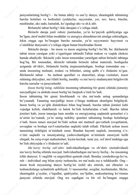 ’lgan narsa haqida ideal obraz sifatida fikrlash mumkin. boshqacha aytganda, unga ideal obraz tarzidagi ideal borliq shakl-shamoyilini berish mumkin. o’tmishga tatbiqan biz borliq haqida faqat shu ma’noda so’z yuritishimiz mumkin. ayni shu ma’noda biz g’oyalar, narsalar, voqealar, tarixiy shaxslar yoki o’zimizga yaqin odamlar to’g’risida so’z yuritamiz, bunda ular yo’qlikka aylanmagani, balki yangicha mavjudlik, xotira tarzidagi o’zgacha borliq kasb etganini nazarda tutamiz. shunday qilib, borliq falsafiy kategoriya sifatida dunyoni butun rang-barangligi va turli-tuman namoyon bo’lish shakllari bilan yaxlit aks ettirish imkonini beradi. bunda narsalar, predmet lar, hodisalar o’z xususiyatlari, xossalari bilan jamuljam holda aks etadi. dunyoni va uning tarkibiy qismi bo’lmish insonni bilish yo’lidagi bu muhim qadam bilan dunyoning tabiati va mohiyati, uning rang-barangligi, turli darajalari, ko’rsatkichlari, ramz-alomatlari, shakllari va hokazolar haqidagi mulohazalarning asosiy koordinatalar sistemasi belgilanadi. buning uchun mohiyat, hodisa, substantsiya, materiya, ong, makon, vaqt, qonun kabi yangi falsafiy kategoriyalar muomalaga kiritiladi. inson o’zi va umuman dunyo haqida o’ylar ekan, …