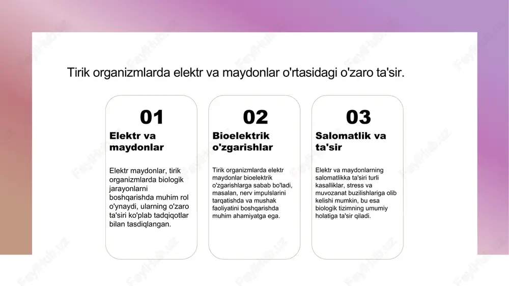 is-tuyg'ularni boshqaradi, organizmni muvozanatda saqlaydi. salomatlik va kasallik bioelektrik hodisalar salomatlikni ta'minlashda muhim rol o'ynaydi, kasalliklar paydo bo'lishi va rivojlanishini aniqlashda yangi usullarni taklif etadi. tirik organizmlar va elektr maydonlarining o'zaro ta'siri. tirik organizmlar energiyasi tirik organizmlar ichida elektr maydonlari biologik energiya manbalarini boshqaradi, bu esa hujayralararo aloqa va metabolizm jarayonlariga ta'sir ko'rsatadi. elektr maydonlar ta'siri elektr maydonlar tirik organizmlarning fiziologik faoliyatini o'zgartiradi. bu o'zgarishlar hujayra rivoji va immunitet tizimiga ijobiy yoki salbiy ta'sir ko'rsatishi mumkin. o'zaro ta'sir mexanizmlari tirik organizmlar va elektr maydonlar o'rtasidagi o'zaro ta'sir mexanizmlari ionlar almashinuvi va elektr impulslar orqali amalga oshadi, bu esa biologik jarayonlarni boshqaradi. o'zgarishlar va natijalar elektr maydonlarining o'zaro ta'siri natijasida organizmlar ichida turli fiziologik o'zgarishlar yuzaga keladi, bu salomatlikka ijobiy yoki salbiy ta'sir ko'rsatishi mumkin. bioelektrik jarayonlar: energiya va axborot uzatish. bioelektrik jarayonlar bioelektrik jarayonlar tirik organizmlarda energiya va axborot uzatishning muhim komponentlaridir, hujayra membranalarida elektr potentsialining harakatlanishi bilan bog'liq. hujayra …