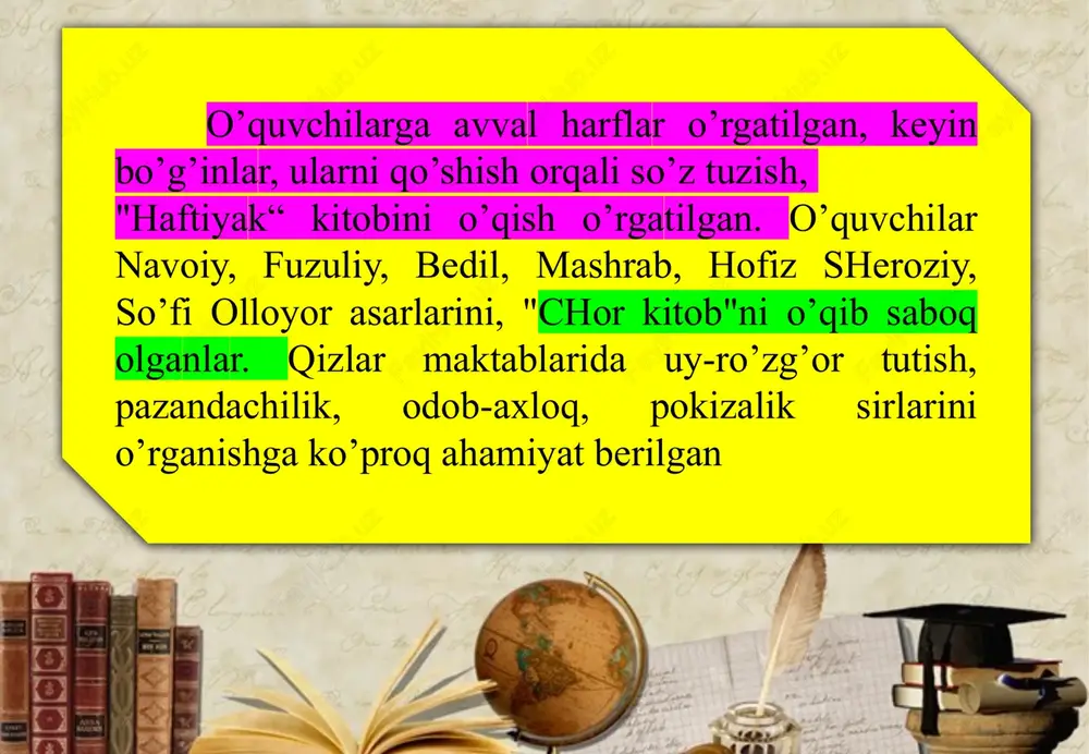 a ijodiy faoliyati bilan yoshlar ta’limida yuksak o’ringa ega. uvaysiyning ma’rifiy faoliyati ayollar savodxonligini oshirish, aqliy tarbiya, musiqa san’ati, qobiliyatli qizlar bilan ish usullari alohida o’ringa ega. u o’z davrining yosh talabalariga hayotga muhabbat tuyg’ularini singdirib borgan, tez fikrlash, chiroyli so’zlash va boshqa tarbiya vositalari bilan bog’liq bo’lgan chiston-topishmoq usullarini yaratishni o’rgatgan. shuning uchun ham uvaysiy ijodiy merosini o’rganish va uni hozirgi davr maktablar ta’lim-tarbiya tizimi mazmuniga kiritish muhimdir. munis xorazmiyning "savodi ta’lim" asari munis xorazmiy katta istedod egasi: buyuk shoir, adolatgo’y tarixchi olim, moxir tarjimon va noziktab xattot sifatida el orasida shuxrat topdi, etibor qozondi. shermuhammad munis xorazmiy xorazm adabiy muxitida ustozlik maqomida turadigan mutafakkirlardan biridir. shermuhammad boshlang’ich ta’limni qishlog’idagi maktablardan birida oldi. keyin o’qishni xiva madrasalarida davom etirdi. ilm sirlarini usha davrdagi mashxur ustoz saideshonxujadan o’rgangan. shermuhammad ukish jarayonida, olim va shoir xasanmurod kori laffasiyning xabar berishicha, arab va fors tillarini puxta urgangan hamda xattotlik sanatini egallagan. munisdan …