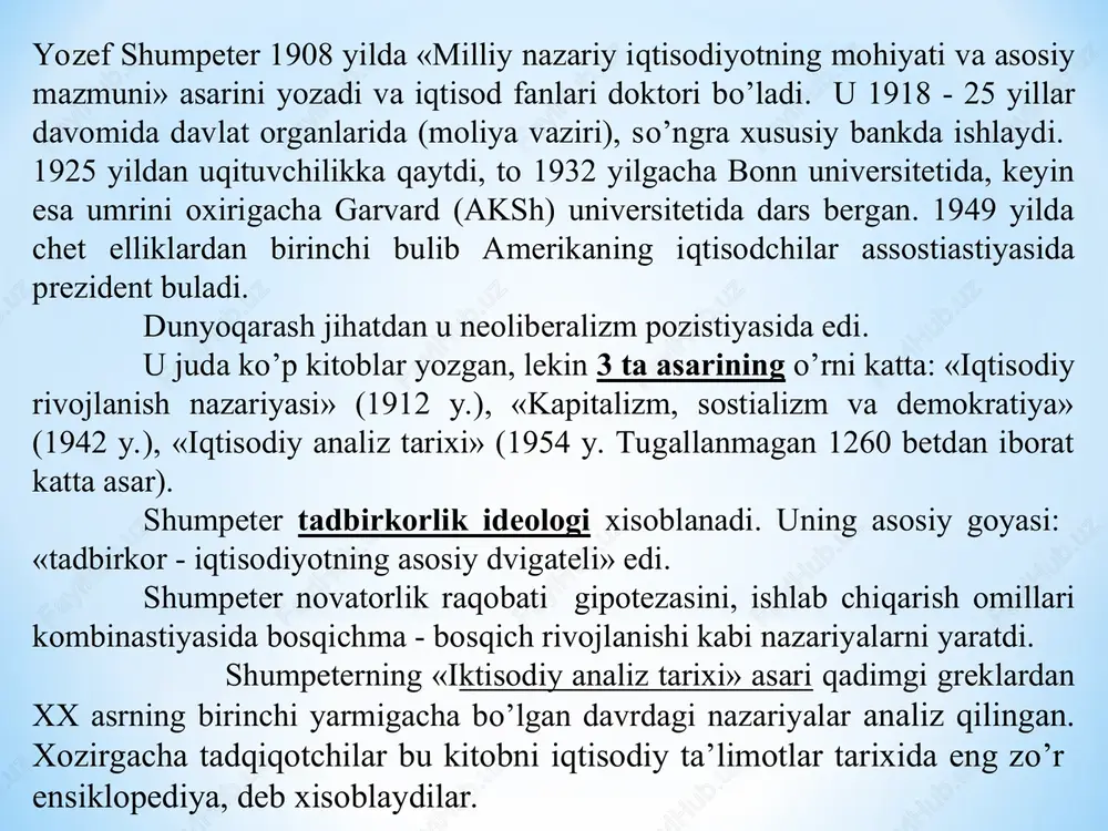 oshqaruvga asoslangan sotsialistik xo'jalik va hukumat tomonidan tartibga solinadigan bozor uzoq vaqt yashashi mumkin emas, chunki narx-navo talab va taklifni aks ettirmaydi. uningcha sotsializmni «tartibga soladigan iqtisodiyot» rejalarini o'z boshimchalik bilan tuzadigan tashkilotchilarning quliga aylanadi, tartibsizlik ro’y beradi. yagona oqil siyosat-bu liberalizmdir. mehnat taqsimoti, xususiy mulk va erkin almashuv sivilizatsiyasining mutlaq asoslari hisoblanadi. mizesning asosi asarlari quyidagilar: «liberalizm», «insoniy harakat iqtisodiyot to'g'risidagi traktat», «iqtisodiy fan asoslari: metodologiya ocherklari» va boshqalar. ingliz iqtisodchisi fridrix fon xayek asli nemis bo'lib, asosiy faoliyati angilyada ko’rsatgan. u 1974 yilda iqtisodiyot bo’yicha nobel mukofoti laureate bo'lgan. u o'zining «qullik sari yo’l» asarida har qanday iqtisodiy erkliligidan va bozor baholaridan voz kechish diktaturaga, ya’ni yakka hokimlikka, iqtisodiy qullikka olib borishini isbotlaydi, xo'jalikda bozor tizimining «aralash» va «buyrukbozlik» iqtisodiyotidan ustunligini ko’rsatib beradi, kapitalni abadiy kategoriya deb elon qiladi, kapitalizm davrida ekspluatitsiya mavjudligini inkor etadi, davlat iqtisodiyotining sotsialistik g'oyalari to'la tushkunlikka mahkum qiladi va o'z tabiatiga ko'ra halokatli …