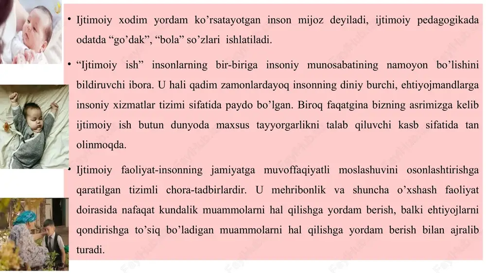 metodikasi pedagogika, psixologiya va tibbiyot ta’siri ostida shakllandi. bugungi kunda ijtimoiy ish ilmiy asoslangan bo’lishi lozimligini talab etilmoqda, shuning uchun bu kasb bo’yicha o’tkazilayotgan ilmiy tadqiqotlarning nufuzi oshib bormoqda. maxsus konferentsiyalar o’tkazilmoqda va ularda nazariyani amaliyotda yana samarali qo’llash masalalari muhokama qilinmoqda. xalqaro darajada ilg’or yutuqlar almashinuvi ijtimoiy pedagogikaning dinamik rivojlanishini ta’minlashi mumkin. ijtimoiylashuv: mazmun va mohiyati ijtimoiylashuv tushunchasi. “ijtimoiylashuv” so’zi dastlab siyosiy iqtisodiyotdan kelib chiqqan. u siyosiy iqtisodiyotda yer, ishlab chiqarish vositalarining umumlashuvi ma’nosini anglatgan. “ijtimoiylashuv” atamasini birinchi bo’lib insonlarga nisbatan qo’llagan amerikalik sotsiolog f.g.keddings hisoblanadi. f.g.keddings “ijtimoiylashuv nazariyasi” (1987) kitobida hozirgiga yaqin ma’noda “ijtimoiy tabiat yoki individ xarakterini rivojlantirish, insonni ijtimoiy hayotga tayyorlashdir” degan fikrni bildiradi. xx asr o’rtalarida ijtimoiylashuv inson rivojlanishini butun umri mobaynida o’rganuvchi fanlararo bog’lanuvchi mustaqil ilmiy sohaga aylandi. ijtimoiylashuvning turli kontseptsiyalarining tahlili uni shartli ravishda ikki asosiy yondoshuvga ajratish imkonini beradi: 1. sub’yektiv-ob’yektiv. unda insonga jamiyat ta’sirining passiv iste’molchisi sifatida qaraladi (e.dyurkgeym, t.parsons) 2. …