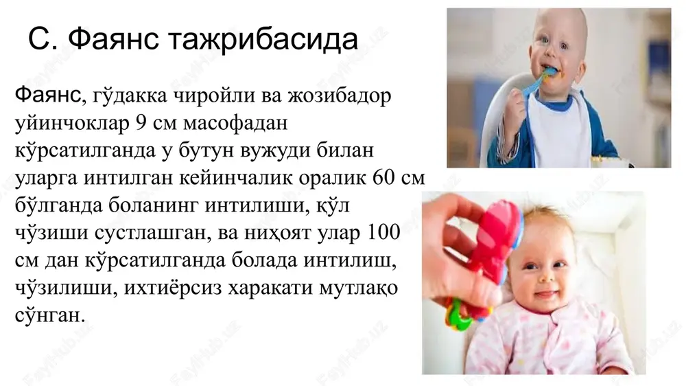 i to'la o'zlashtirgan bolalar o'z o'yinlarida nafaqat shu predmetlardan foydalanadilar, balki ularni o'z vazifalariga ko'ra ishlatadilar ham. ilk bolalik davri 1-3 yoshli bolalarning aqliy rivojlanishi: shuni alohida ko'rsatish joizki, 1,6 - 3 yoshlar nutqning rivojlanishi uchun senzitiv davr hisoblanadi. ilk bolalik davrida xotira bilishdagi asosiy funktsiya hisoblanib, u bilishning barcha kurinishlarini rivojlanishida ishtirok etadi. bu davrda bolaning xotirasi jadal rivojlanadi. bolaning xayotiy tajribalarni o'zlashtirishida avvalo xarakatli, emotsional va obrazli xotira ishtirok etadi. bu borada xarakatli va emotsional xotira ustunlik qiladi. xotira bu yoshda asosan ixtiyorsiz bo'ladi. bu davrdagi bolalarga ko'p kitob o'qib berish natijasida ular uzun ertak va she'r xikoyalarni eslab qoladilar, lekin bunday eslab qolish bolaning umumiy aqliy rivojlanishidan ham, xotirasining individual xususiyatidan ham dalolat bermaydi. bu ilk bolalik davridagi bolalarning barchasiga xos bo'lgan nerv sistemasining umumiy egiluvchanligi natijasidir. shamshetova anjim karamaddinovna 16 bu davr aqliy rivojlanish asosini idrok va tafakkur xarakatlarining yangi ko'rinishlari tashkil etadi. 1 yoshli bola …