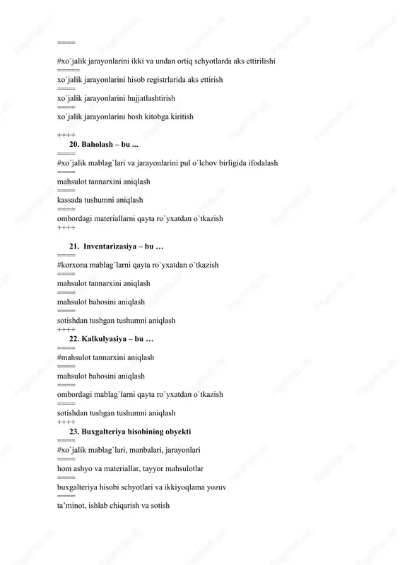 olar bo`yicha to`lanadigan schyotlar” ==== d-t 6920 “hisoblangan foizlar” k-t 9610 “foizlar ko`rinishidagi xarajatlar” ++++ 32. banklarning qisqa muddatli kreditlaridan foydalanganligi uchun foizlarni hisoblashda qanday yozuv to`g`ri deb tan olinadi? ==== # d-t 9610 “foizlar ko`rinishidagi xarajatlar” k-t 6920 “hisoblangan foizlar” ==== d-t 9430 “boshqa operasion xarajatlar” k-t 5110 “hisob-kitob raqami” schyoti ==== d-t 6920 “hisoblangan foizlar” k-t 9610 “foizlar ko`rinishidagi xarajatlar” ==== d-t 4010 “xaridorlar va buyurtmachilardan olinadigan schyotlar” k-t 9330 “undirilgan boqimandalar, jarimalar” ++++ 33. jo`natish bo`yicha operasiyalardagi salbiy kurs farqlarini aks ettirish uchun qanday yozuvlarni amalga oshirish lozim? ==== # d- t 9620 “kurs farqlaridan zararlar” k- t 6310 “xaridor va buyurtmachilardan olingan bo`naklar” ==== d- t 4010 “xaridorlar va buyurtmachilardan olinadigan schyotlar” k-t 8710 “hisobot davrining taqsimlanmagan foydasi (qoplanmagan zarari)” ==== d-t 9610 “foizlar ko`rinishidagi xarajatlar” k-t 4010 “xaridorlar va buyurtmachilardan olinadigan schyotlar” ==== d-t 6920 “hisoblangan foizlar” k-t 9620 “kurs farqlaridan zararlar” ++++ 34. balans …