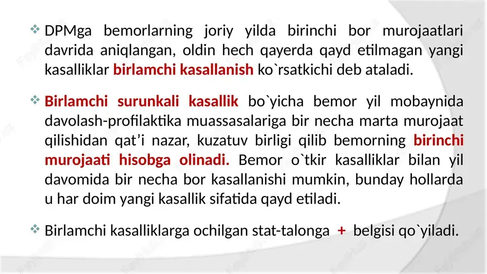 hamda xkt ning yaratilishi tarixi keltirilgan. 3-jildda kasalliklar, jarohatlarning tashqi sabablari, kimyoviy moddalar va dorilarning jadvali keltirilgan (5,5 mingga yaqin nom). 21 ta sinf 258 ta blok 3 belgili rukn 4 belgili kenja rukn xkt ni kodlashda lotin harflaridan foydalaniladi. faqat u harfi ishlatilmaydi, bu harf yangi qo`shilgan kasalliklar, epidemiyalar uchun zaxira sifatida saqlab qo`yilgan. xkt–10 bo`yicha kasalliklarning tasnifi i sinf — ba’zi infeksion va parazitar kasalliklar; ii sinf — o`smalar; iii sinf — qon va qon yaratuvchi a’zolar kasalliklari va immun mexanizmni jalb etuvchi ayrim buzilishlar; iv sinf — endokrin tizimi kasalliklari, ovqatlanish tartibsizligi va moddalar almashinuvi buzilishlari; v sinf — ruhiy buzilishlar va xulq-atvor buzilishlari; vi sinf — nerv tizimi kasalliklari; vii sinf — ko`z va uning qo`shimcha apparati kasalliklari; viii sinf — quloq va so`rg`ichsimon o`siq kasalliklari; ix sinf — qon aylanish tizimi kasalliklari; x sinf — nafas a’zolari kasalliklari; xi sinf — hazm a’zolari kasalliklari; xii …